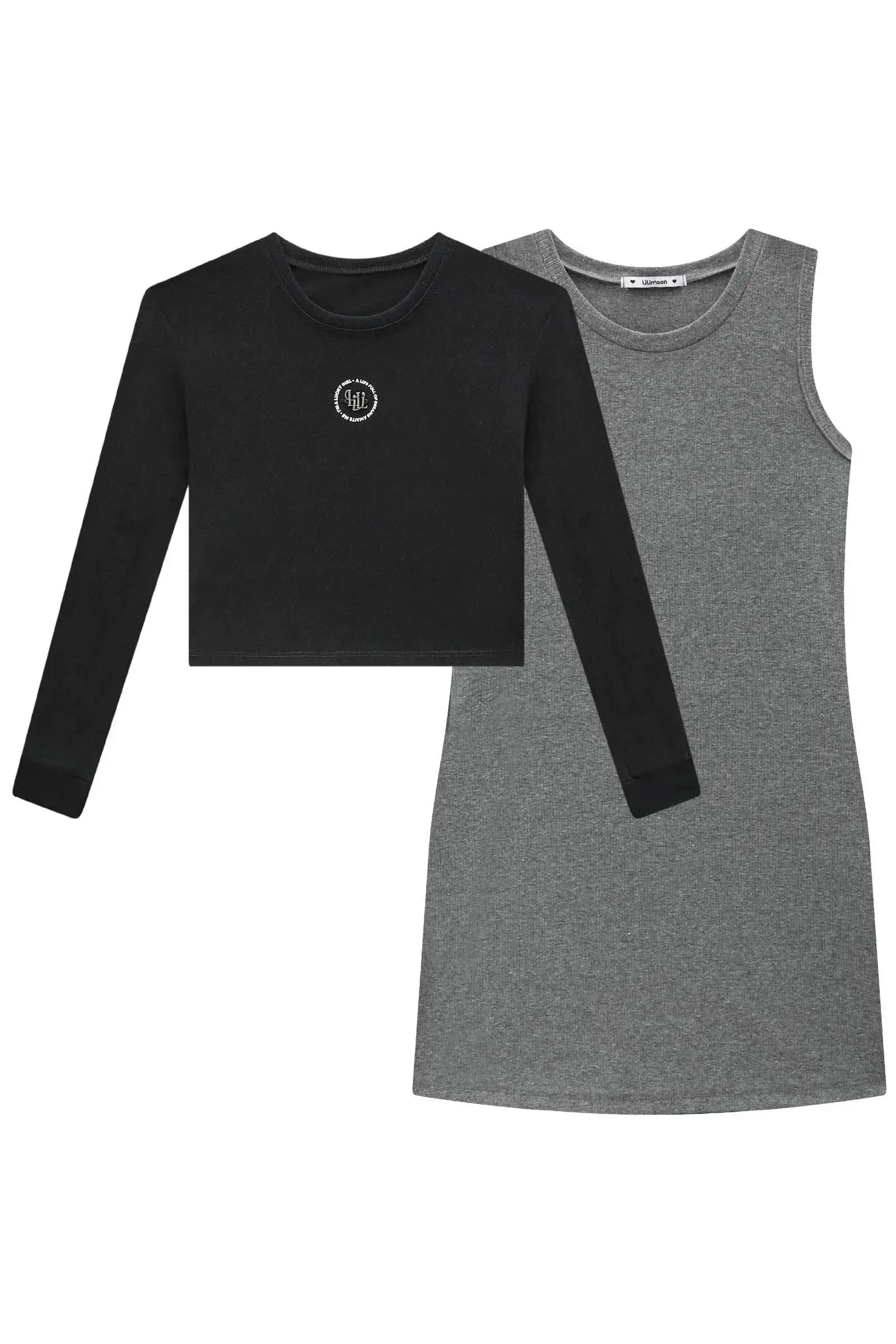 Vestido em Canelado Liz e Blusa Sobreposição em Meia Malha 92766 Lilimoon Teen Menina