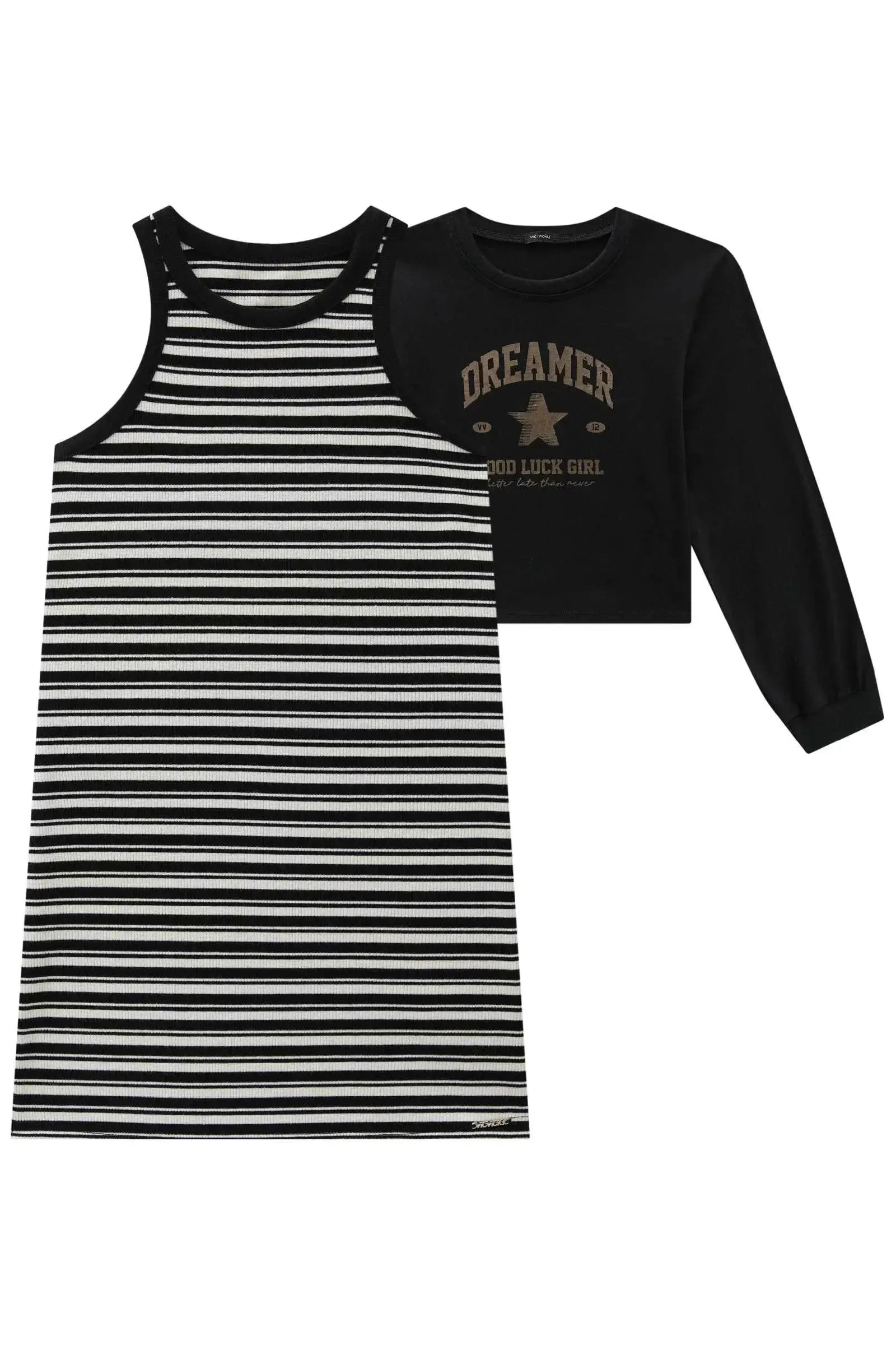 Vestido em Canelado Luna de Viscose e Blusa Boxy Over Sobreposição em Meia Malha 89199 Vic&Vicky Teen Menina