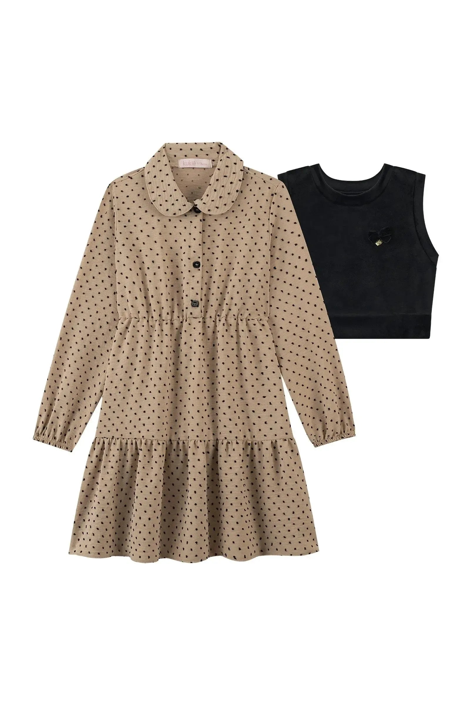 Vestido em Crepe Textura Poá e Colete em Veludo com Elastano 92161 Kukiê Infantil Menina