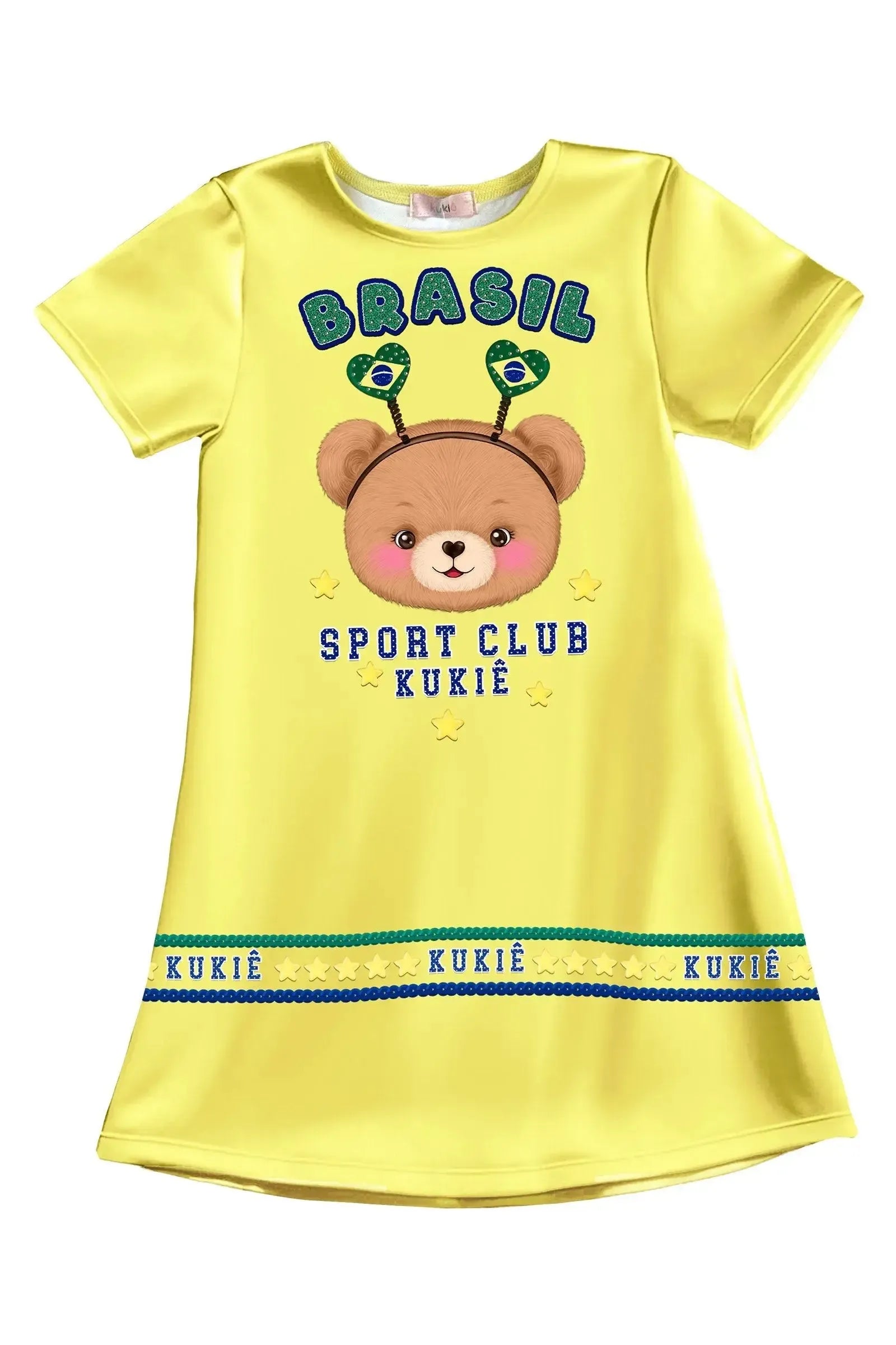 Vestido em Fly Tech com Estampa de Ursinha Torcedora Muito Brilho e Fofura. Perfeito Para Torcer com a Kukiê Nesta Copa. 99739 Kukiê Infantil Menina