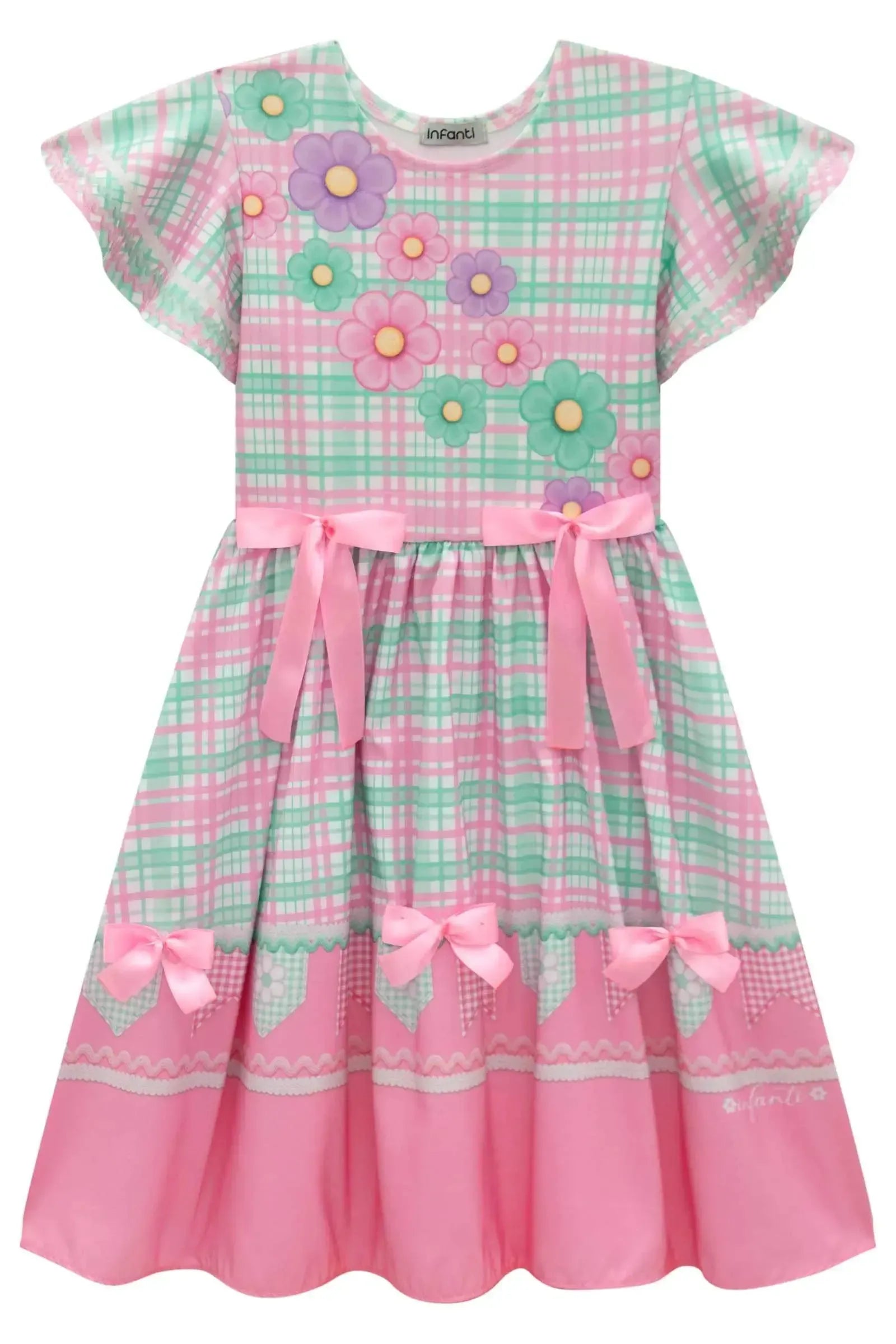 Vestido em Fly Tech e Nylon com Laços Aplicados e Estampa Delicada. Toda a Doçura Da Caipira Princess Para Comemorar a Festa Junina. 97505 Infanti Infantil Menina