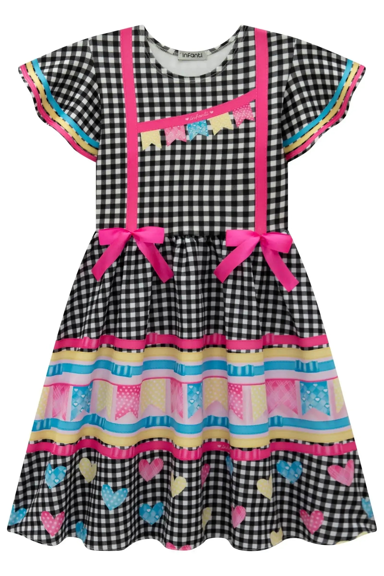 Vestido em Fly Tech e Nylon Estampa Xadrez com Bandeirinhas Coloridas e Laços Aplicados. Estilo Junino com Toque Fashion Da Infanti. 97509 Infanti Infantil Menina