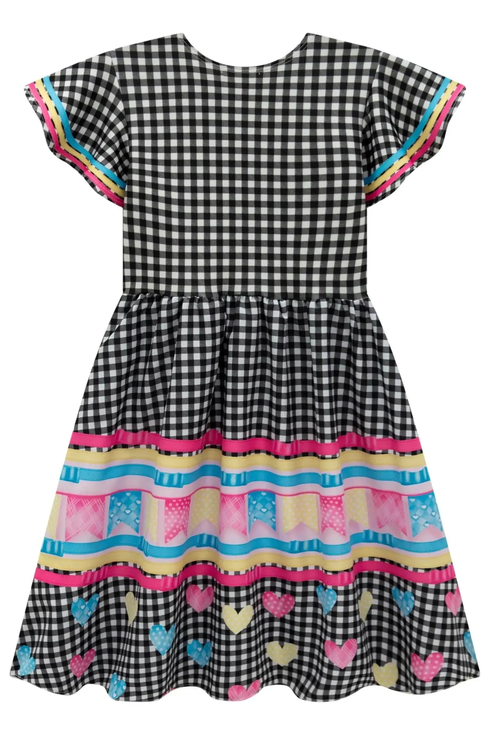 Vestido em Fly Tech e Nylon Estampa Xadrez com Bandeirinhas Coloridas e Laços Aplicados. Estilo Junino com Toque Fashion Da Infanti. 97509 Infanti Infantil Menina