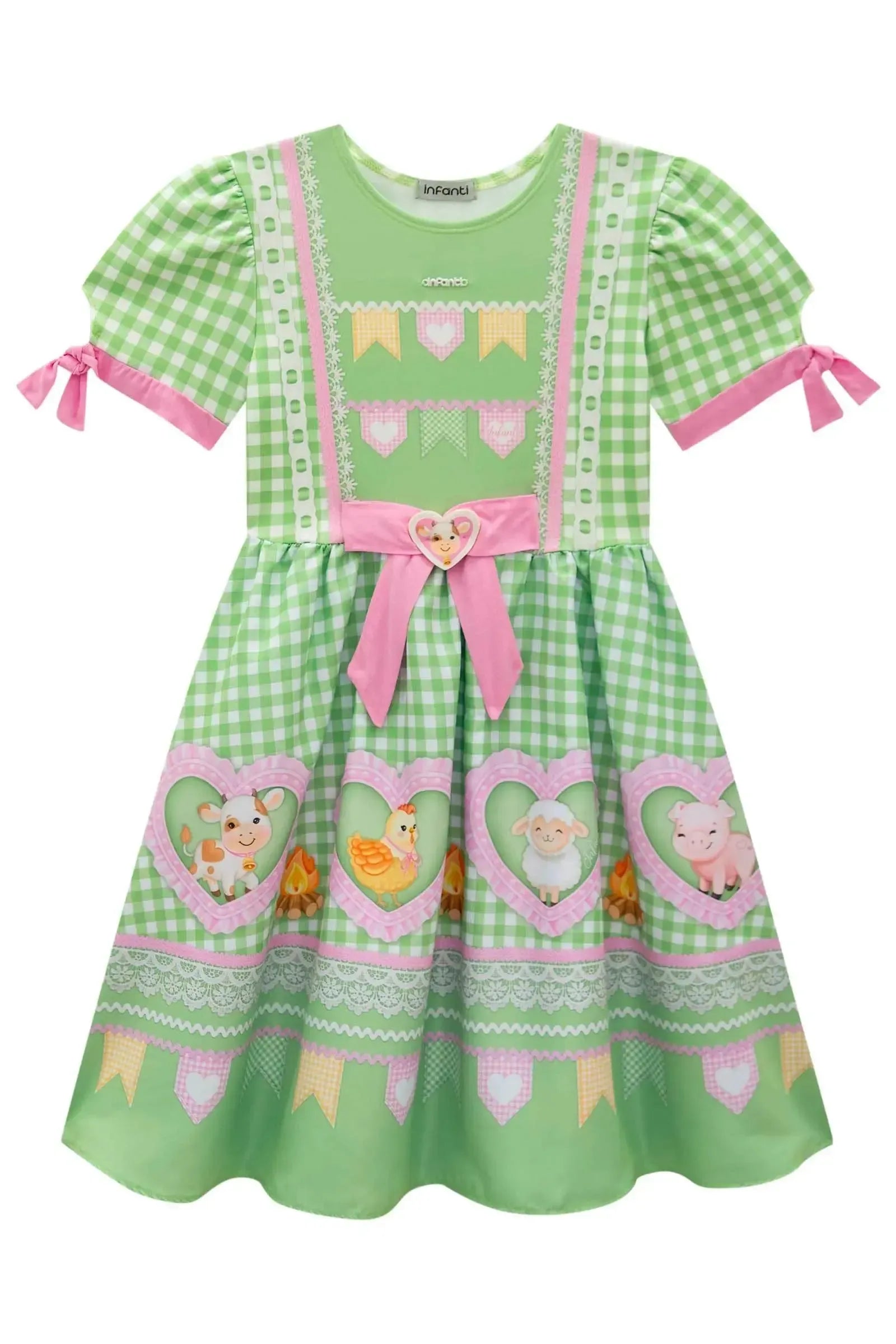 Vestido em Fly Tech e Nylon Estilo Caipira Fazendeira em Verde e Rosa Mangas com Amarração e Laço Frontal com Patch. Ideal Para O São João Infanti. 97508 Infanti Infantil Menina