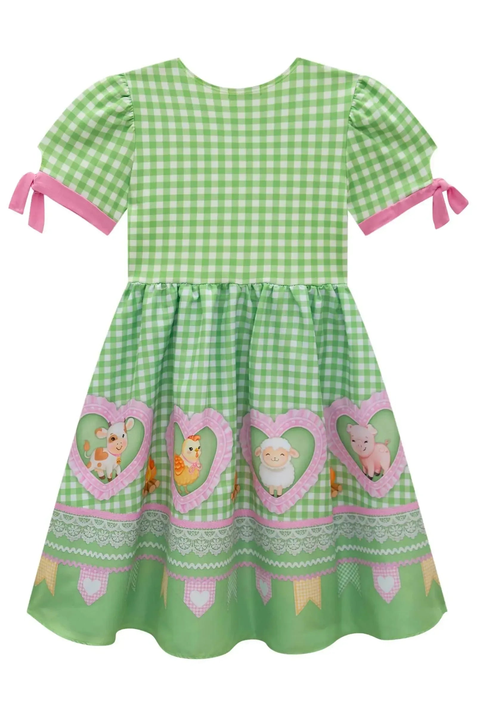 Vestido em Fly Tech e Nylon Estilo Caipira Fazendeira em Verde e Rosa Mangas com Amarração e Laço Frontal com Patch. Ideal Para O São João Infanti. 97508 Infanti Infantil Menina