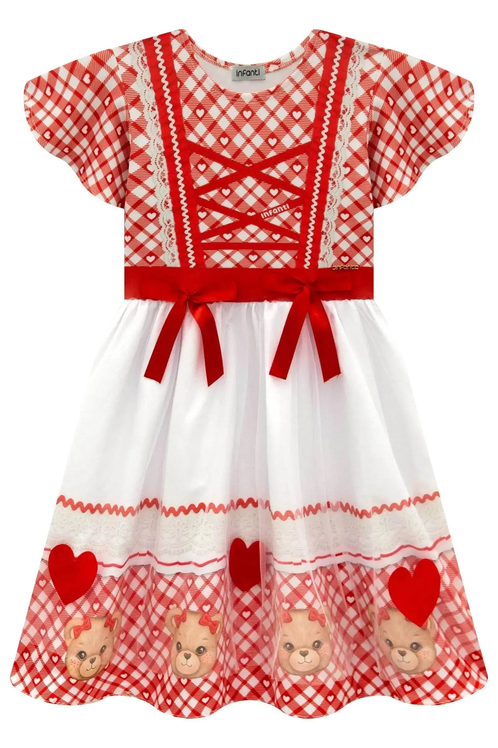 Vestido em Fly Tech Nylon e Tule Vermelho Como a Maçã Do Amor com Corações e Laços Aplicados. Doçura e Encanto Para a Festa Junina. 97504 Infanti Infantil Menina