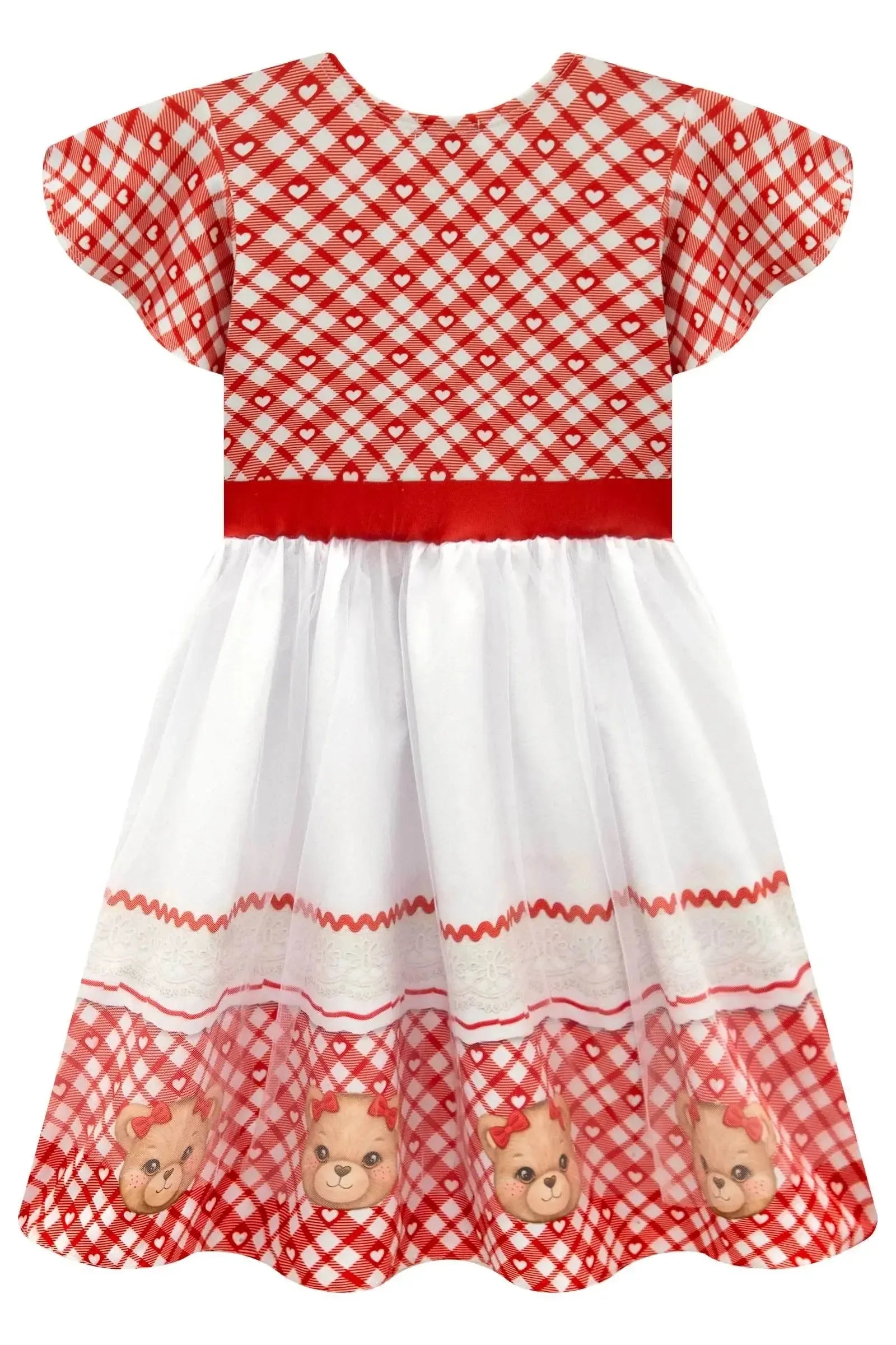Vestido em Fly Tech Nylon e Tule Vermelho Como a Maçã Do Amor com Corações e Laços Aplicados. Doçura e Encanto Para a Festa Junina. 97504 Infanti Infantil Menina