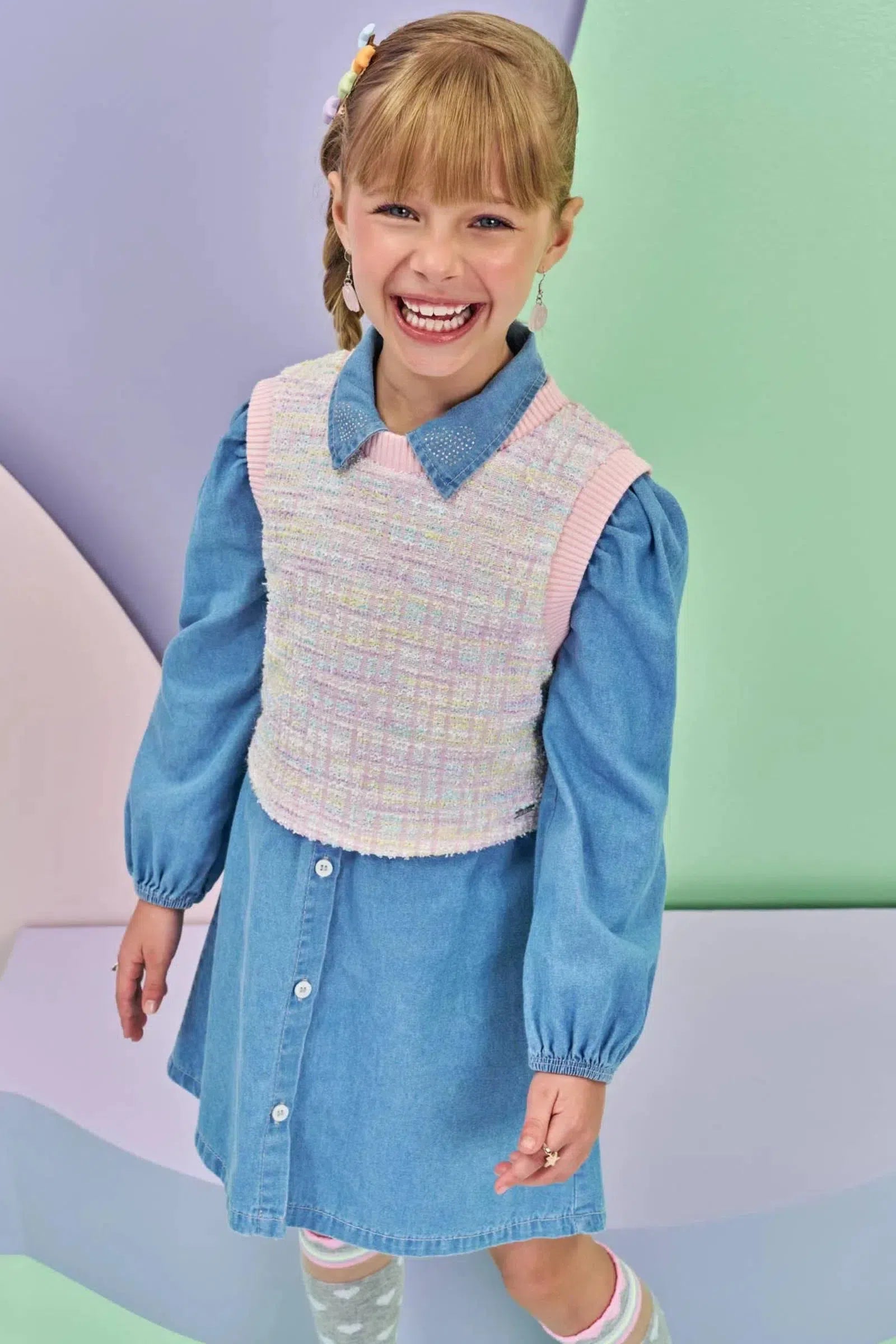Vestido em Jeans Teca e Colete em Malha Tweed Firenzi 80108 Infanti Infantil Menina