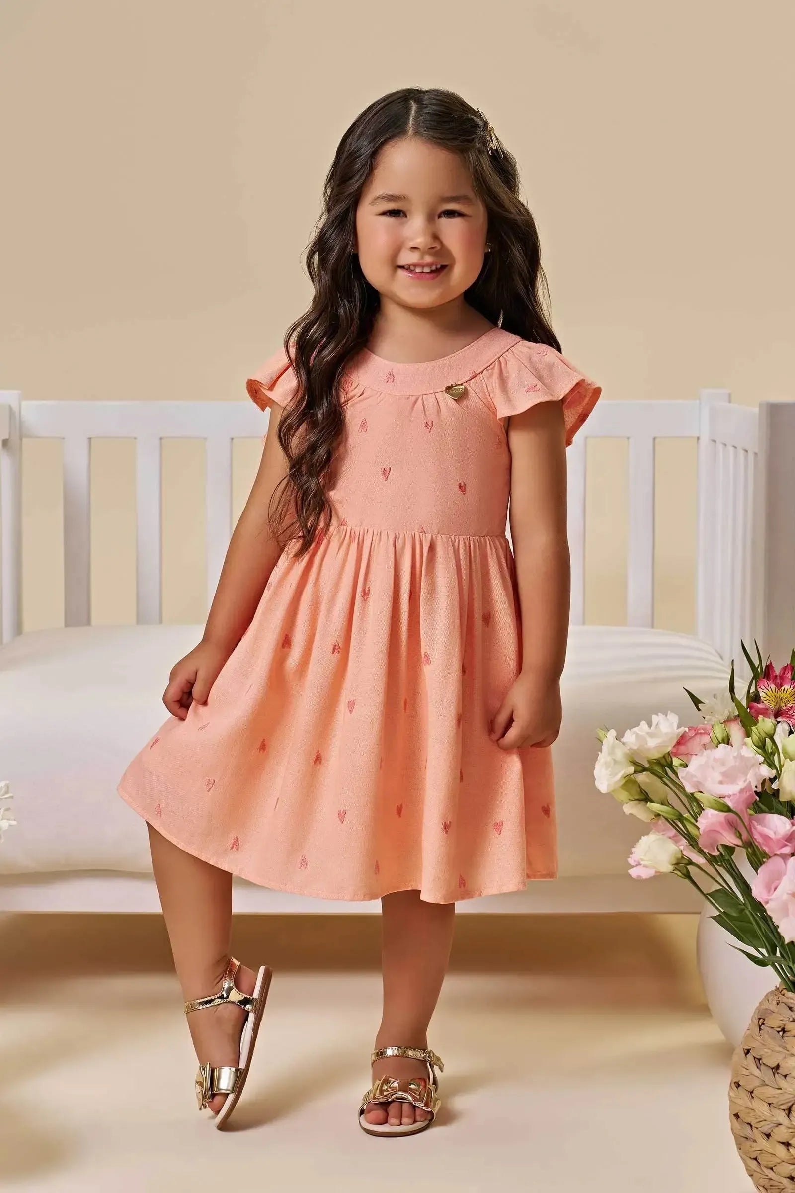 Vestido em Linho Bordado Corações 96598 Infanti Infantil Menina