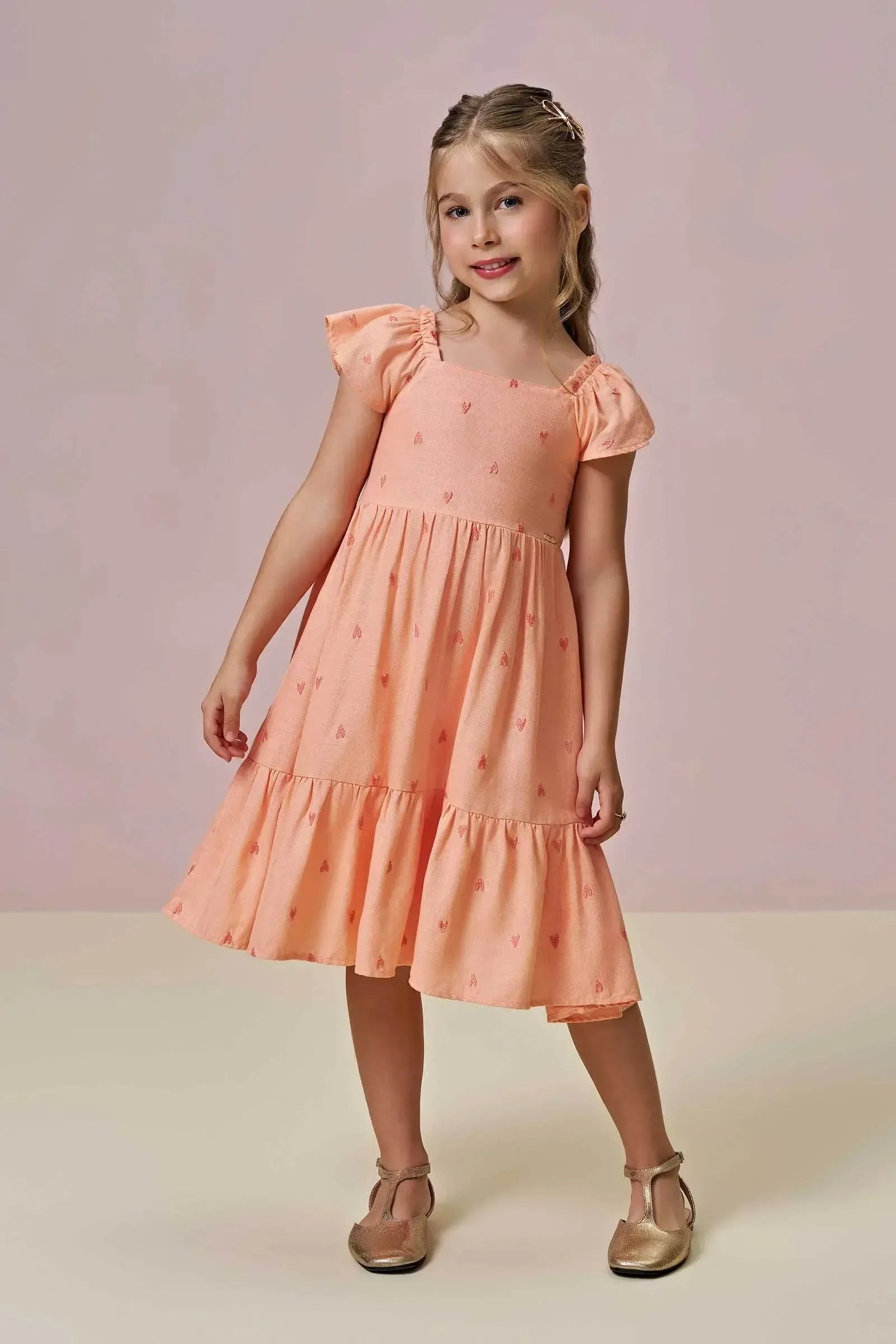 Vestido em Linho Bordado Corações 96650 Infanti Infantil Menina