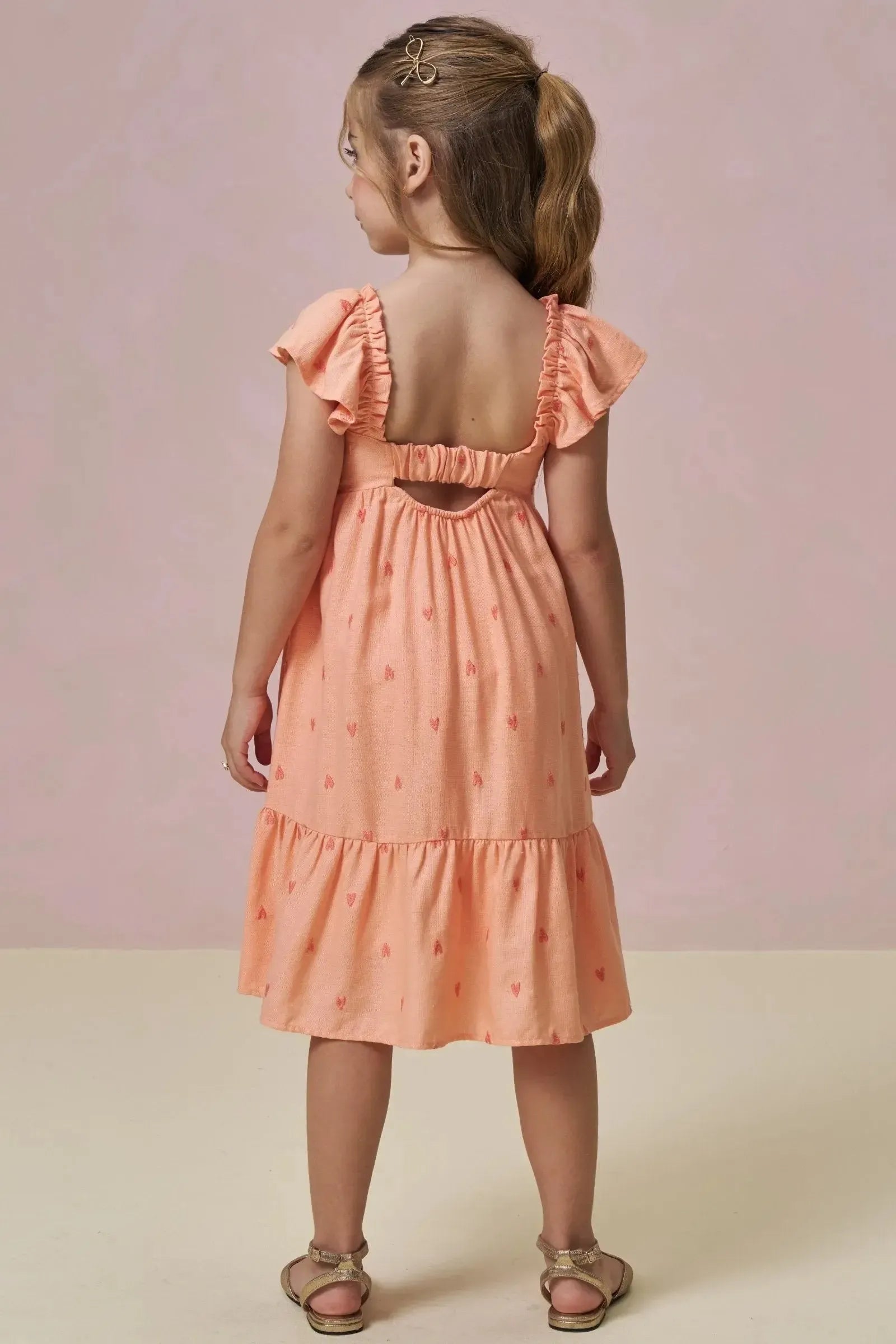 Vestido em Linho Bordado Corações 96650 Infanti Infantil Menina
