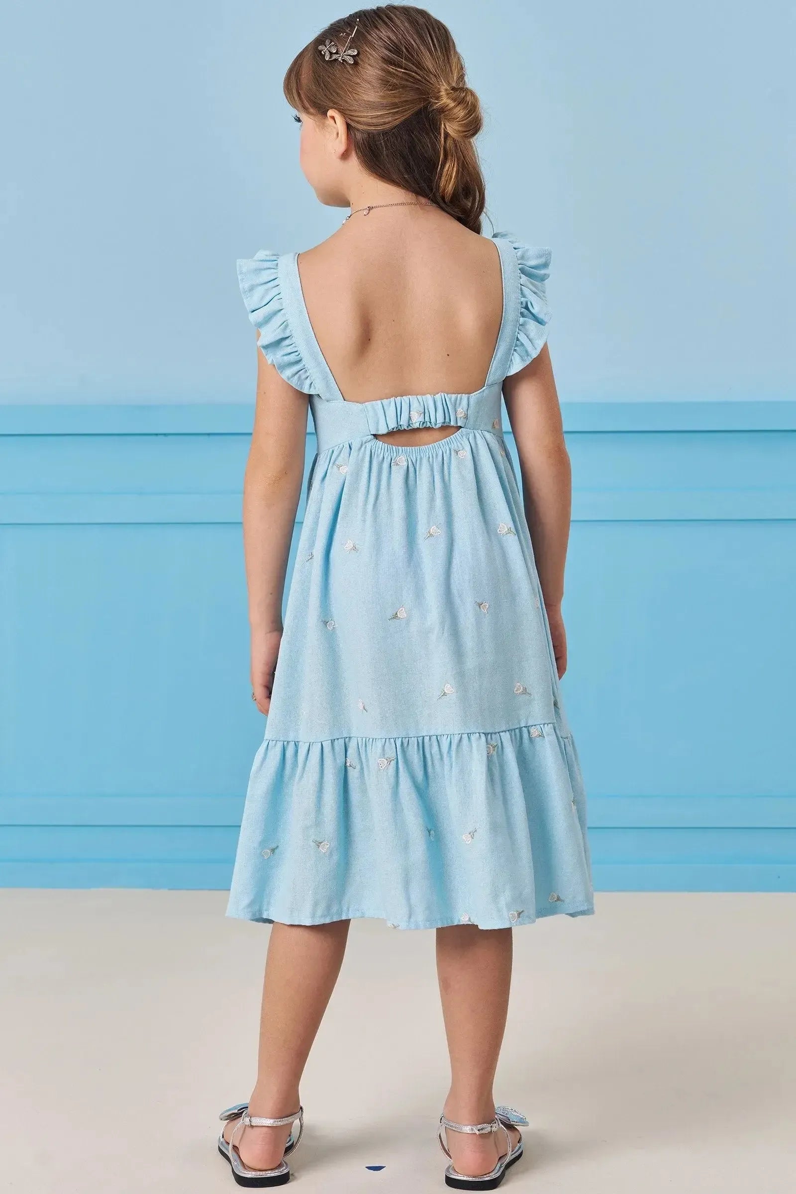 Vestido em Linho Bordado Flores 84002 Infanti Infantil Menina