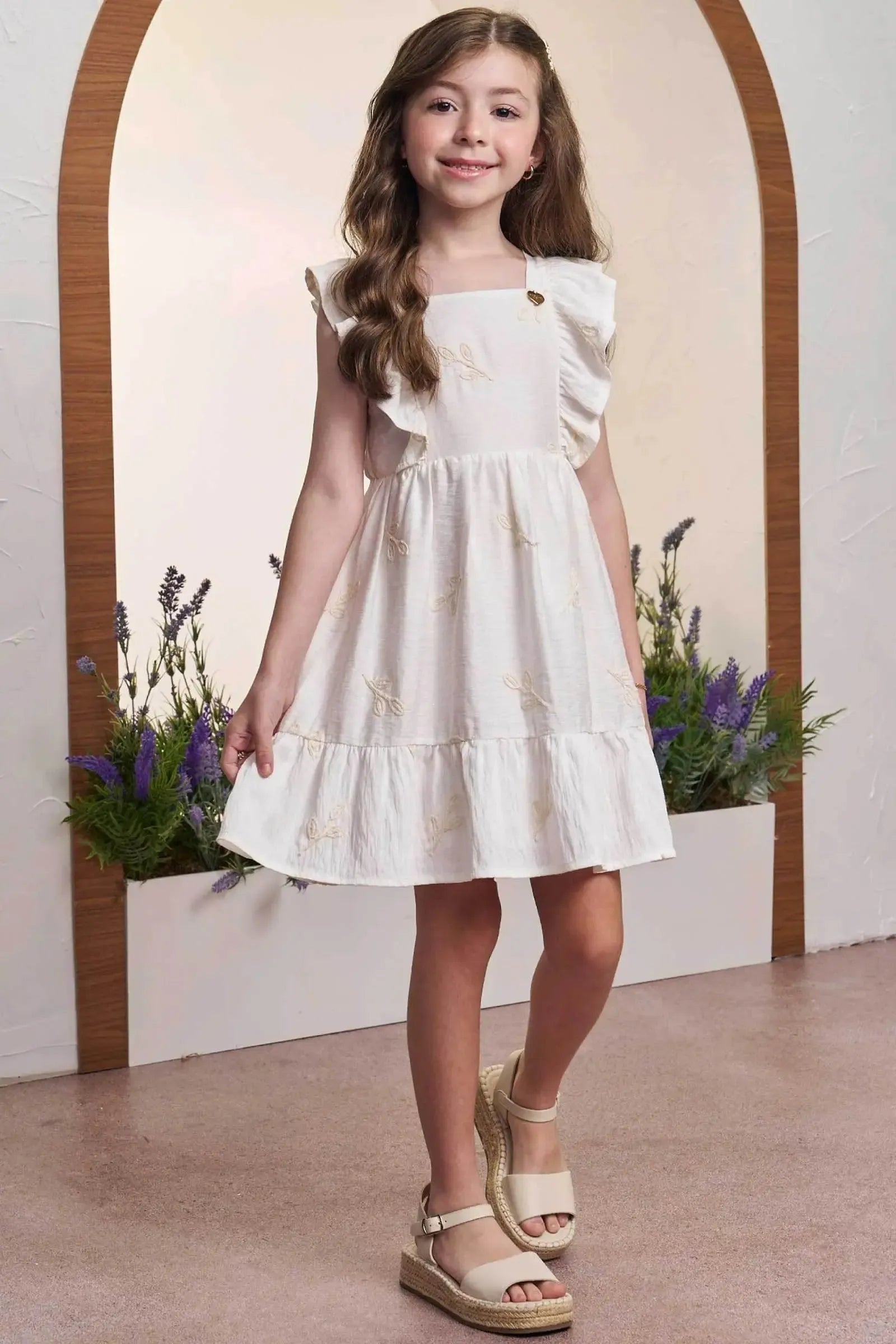 Vestido em Linho Bordado Folhas 98535 Infanti Infantil Menina