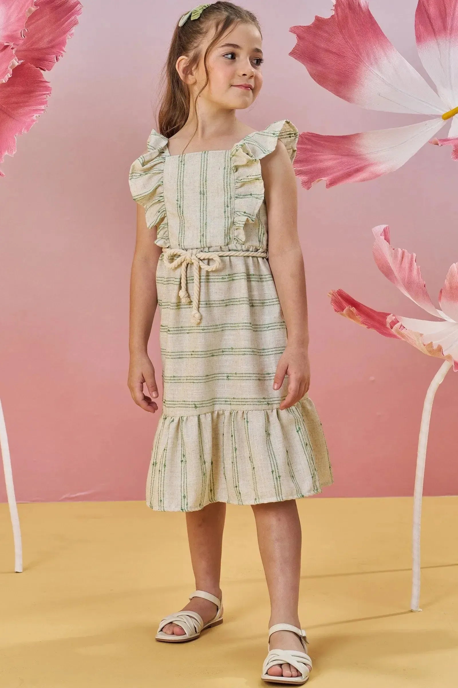 Vestido em Linho Bordado Listras 82929 Infanti Infantil Menina