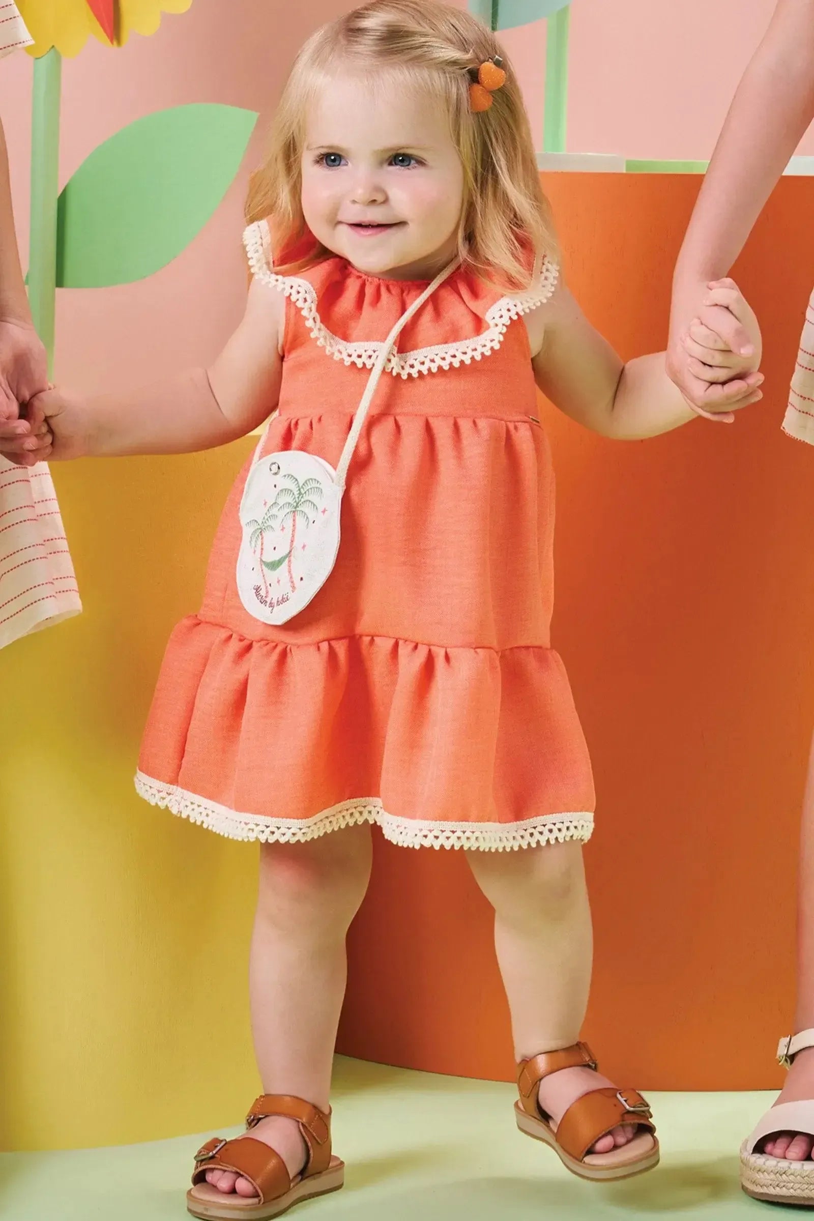 Vestido em Linho Rajado. Acompanha Bolsa 84793 Kukiê Bebê Menina