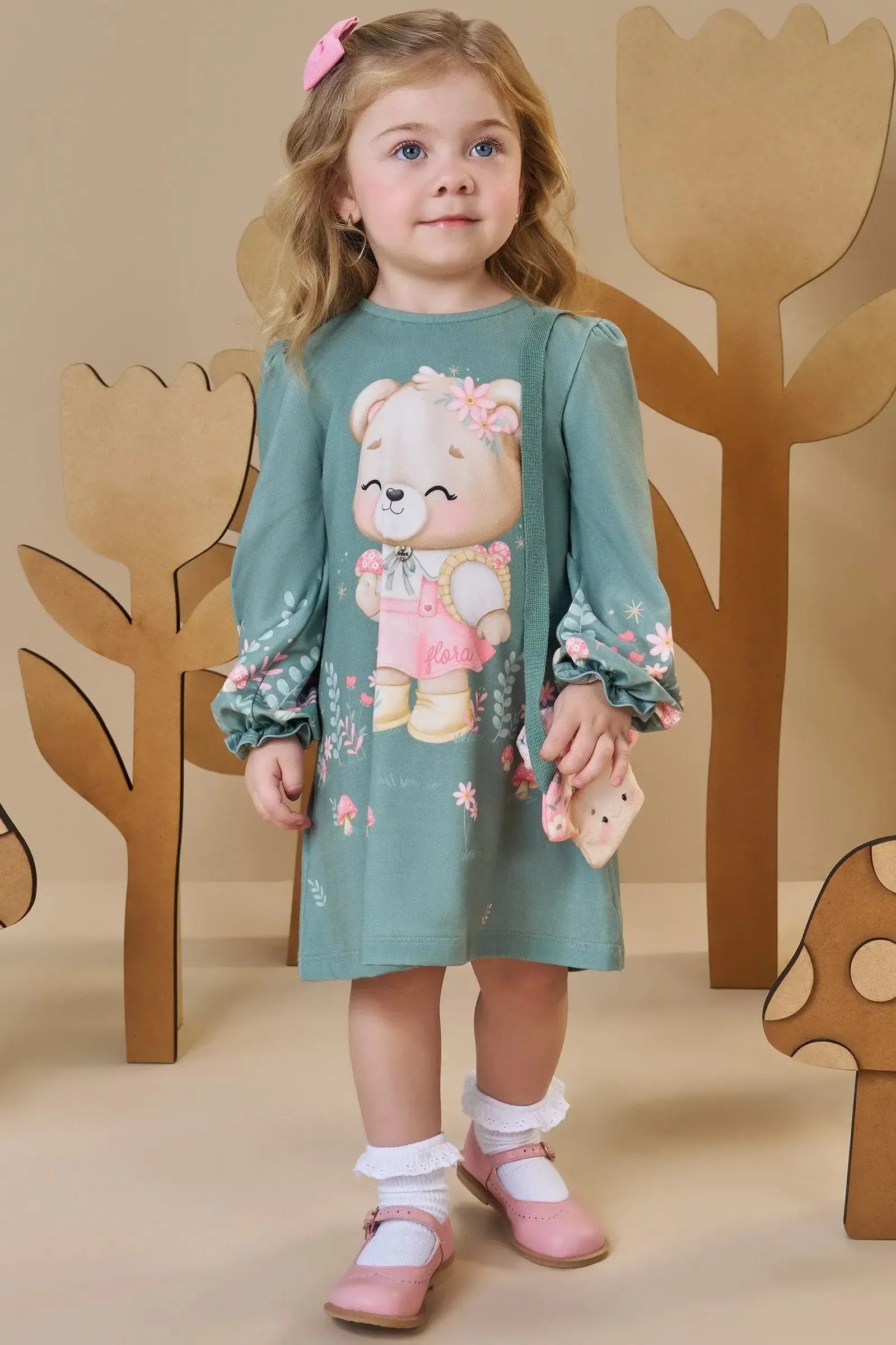 Vestido em Malha Comfy. Acompanha Bolsa em Fleece 89203 Infanti Bebê Menina