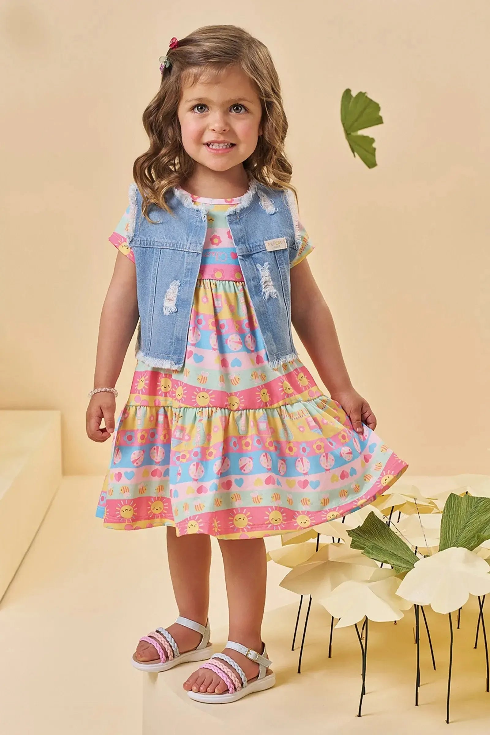Vestido em Malha Fresh e Colete em Jeans Arkansas 95571 Kukiê Infantil Menina