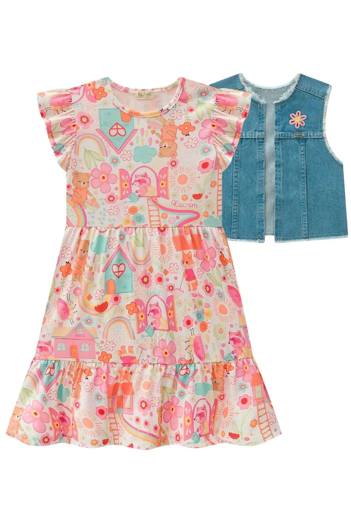 Vestido em Malha Fresh e Colete em Jeans Arkansas 98602 Kukiê Infantil Menina