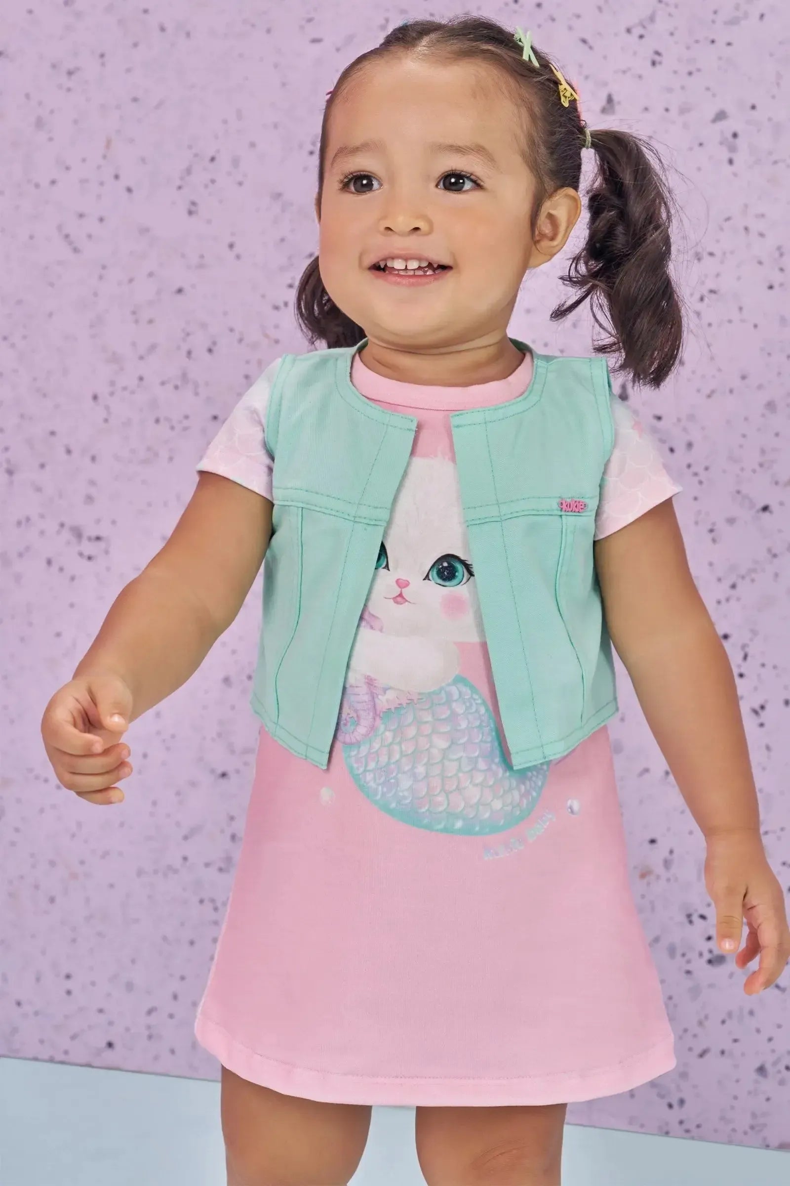 Vestido em Malha Power e Colete em Sarja com Elastano 86816 Kukiê Bebê Menina