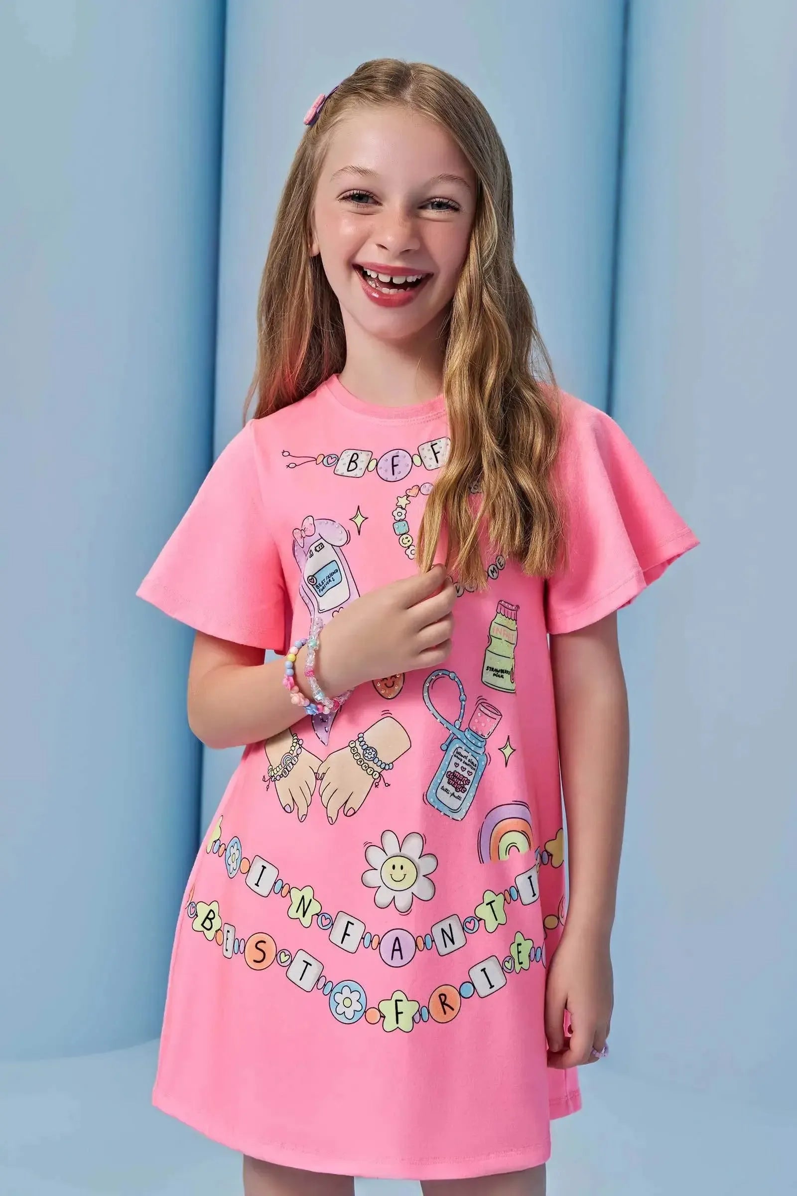 Vestido em Meia Malha. Acompanha Kit Pulseiras 93429 Infanti Infantil Menina