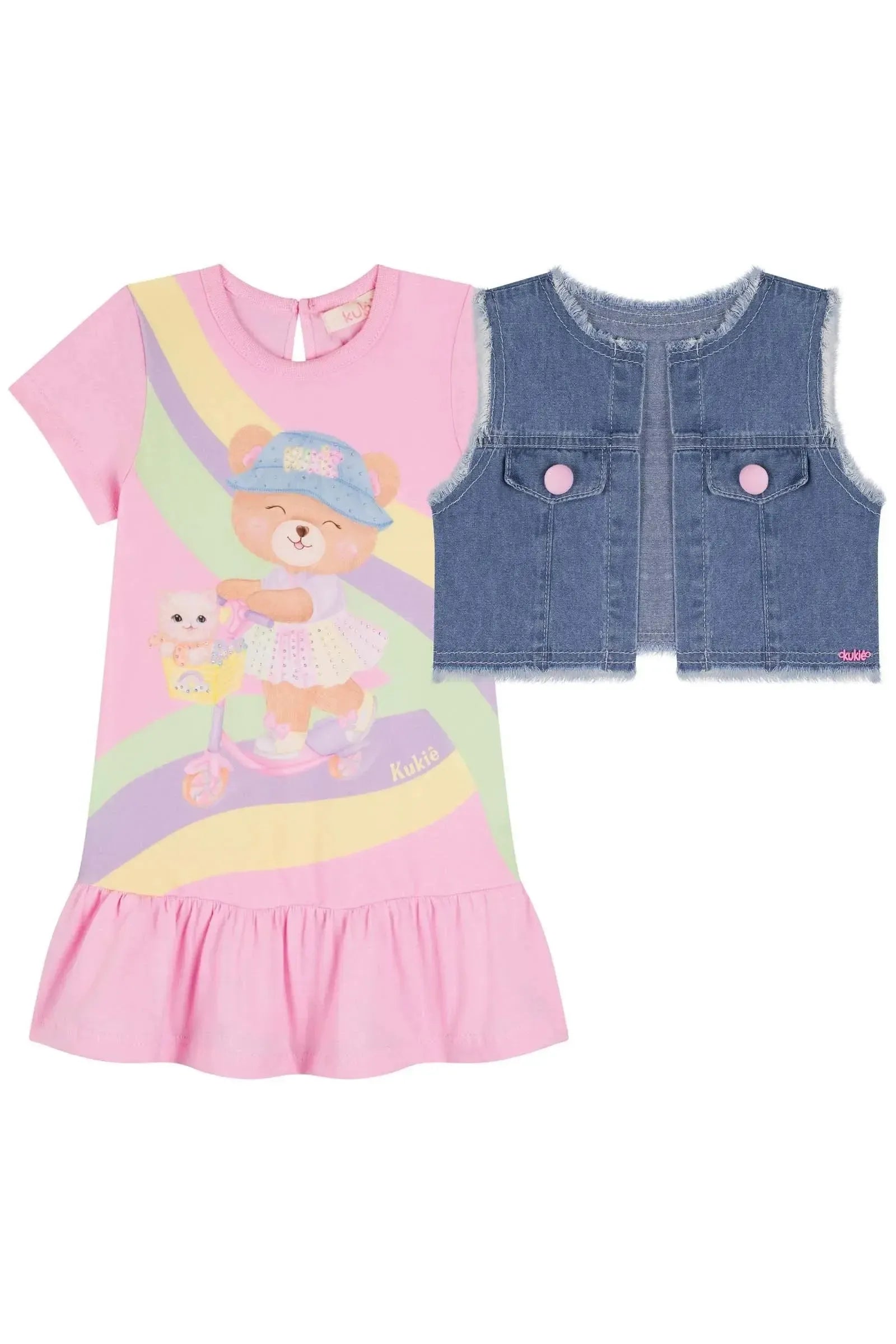 Vestido em Meia Malha e Colete em Jeans 85139 Kukiê Bebê Menina