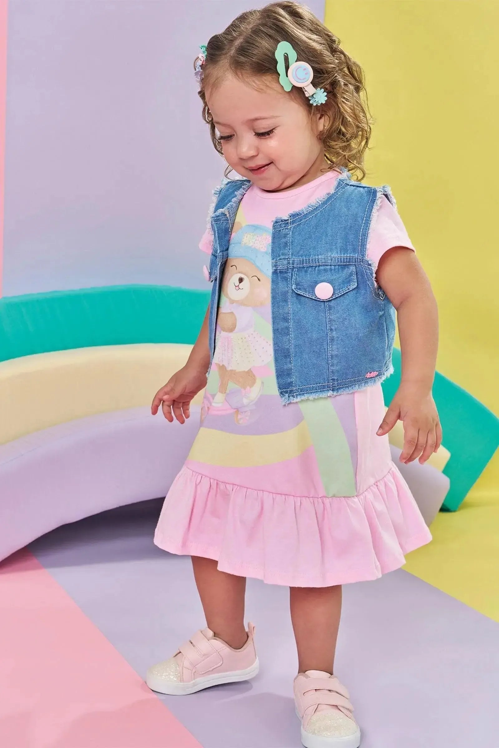 Vestido em Meia Malha e Colete em Jeans 85139 Kukiê Bebê Menina