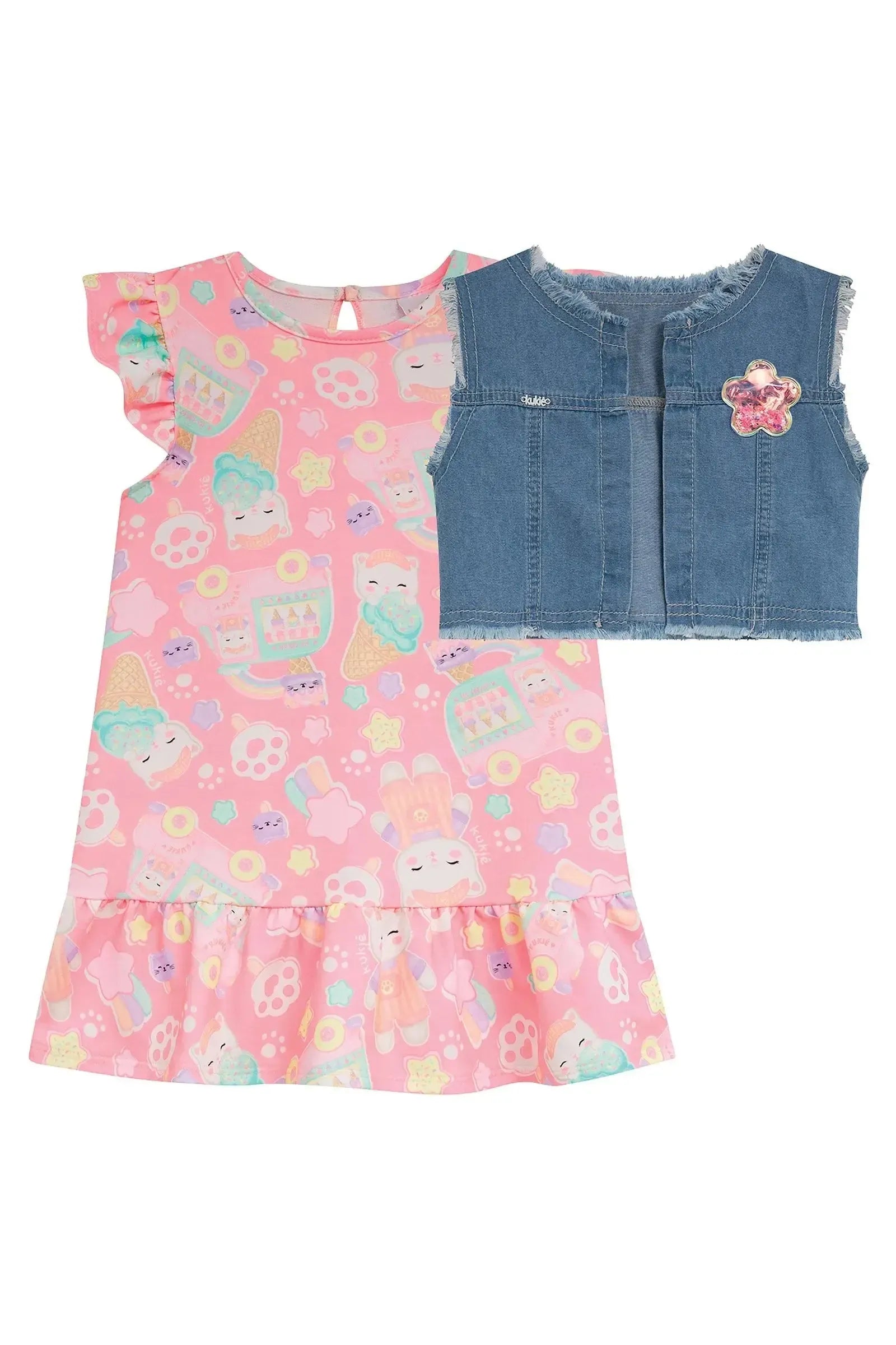Vestido em Molecotton e Colete em Jeans 94952 Kukiê Infantil Menina