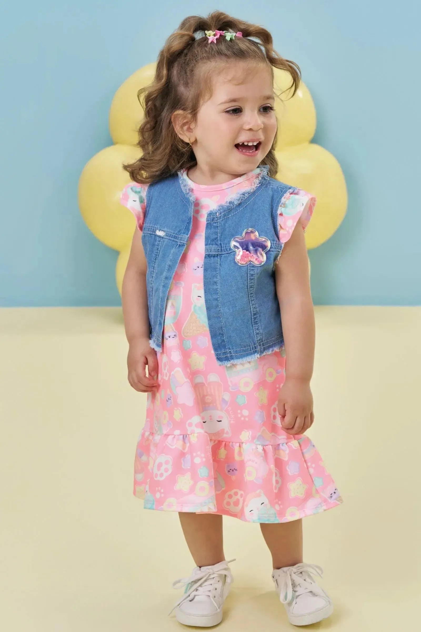 Vestido em Molecotton e Colete em Jeans 94952 Kukiê Infantil Menina