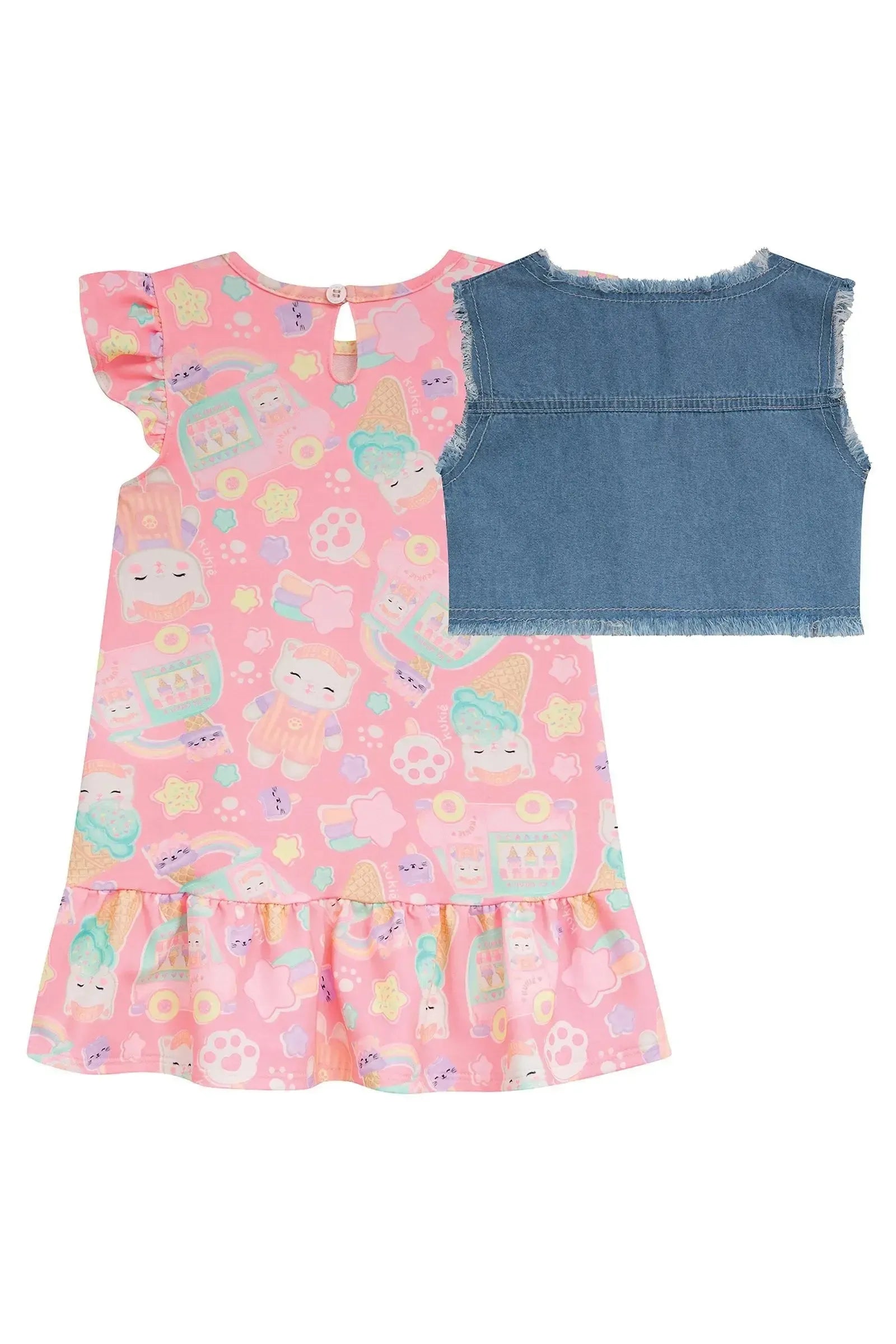 Vestido em Molecotton e Colete em Jeans 94952 Kukiê Infantil Menina