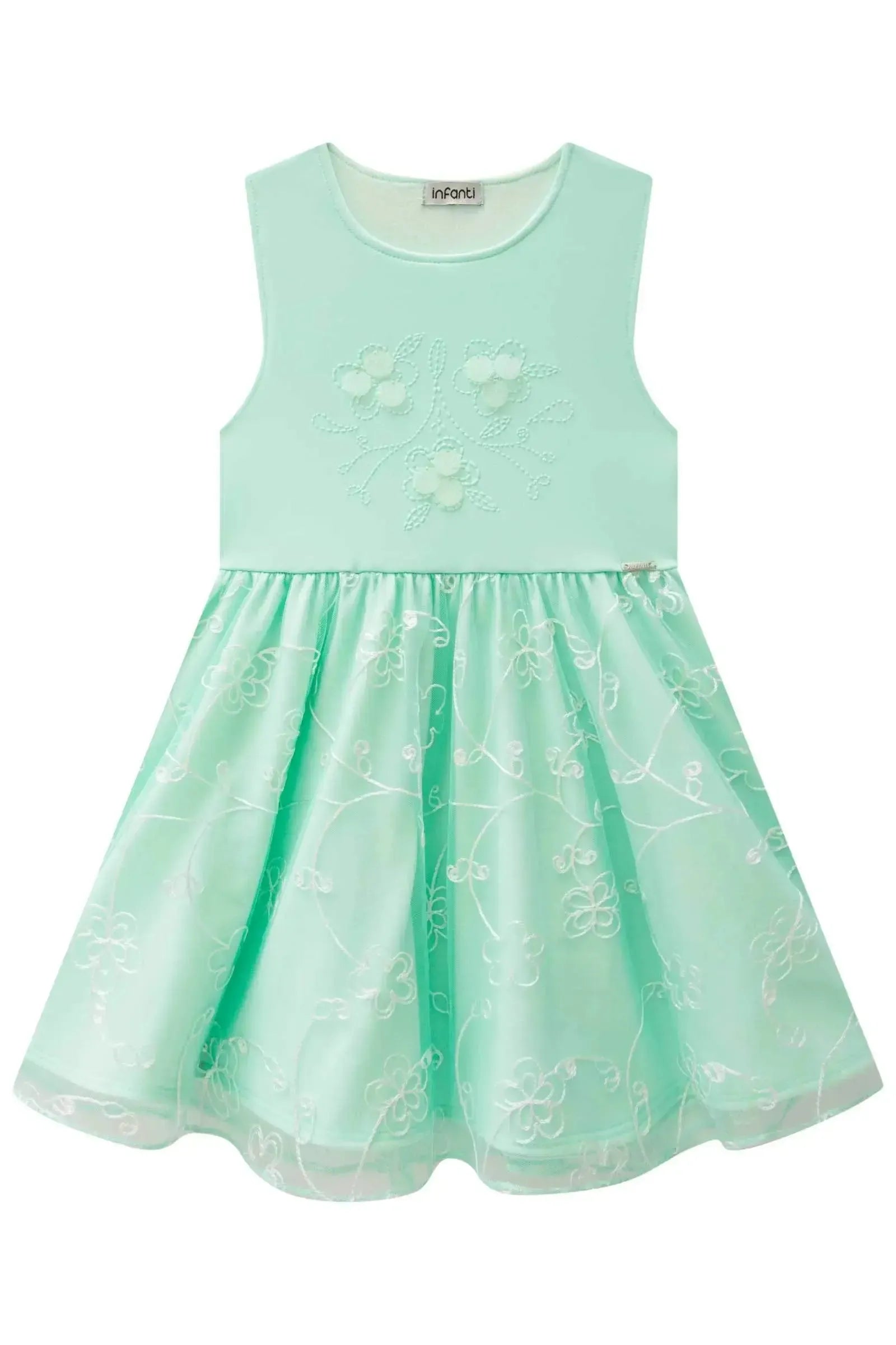 Vestido em Ribana Canelada e Tule Bordado 87209 Infanti Infantil Menina