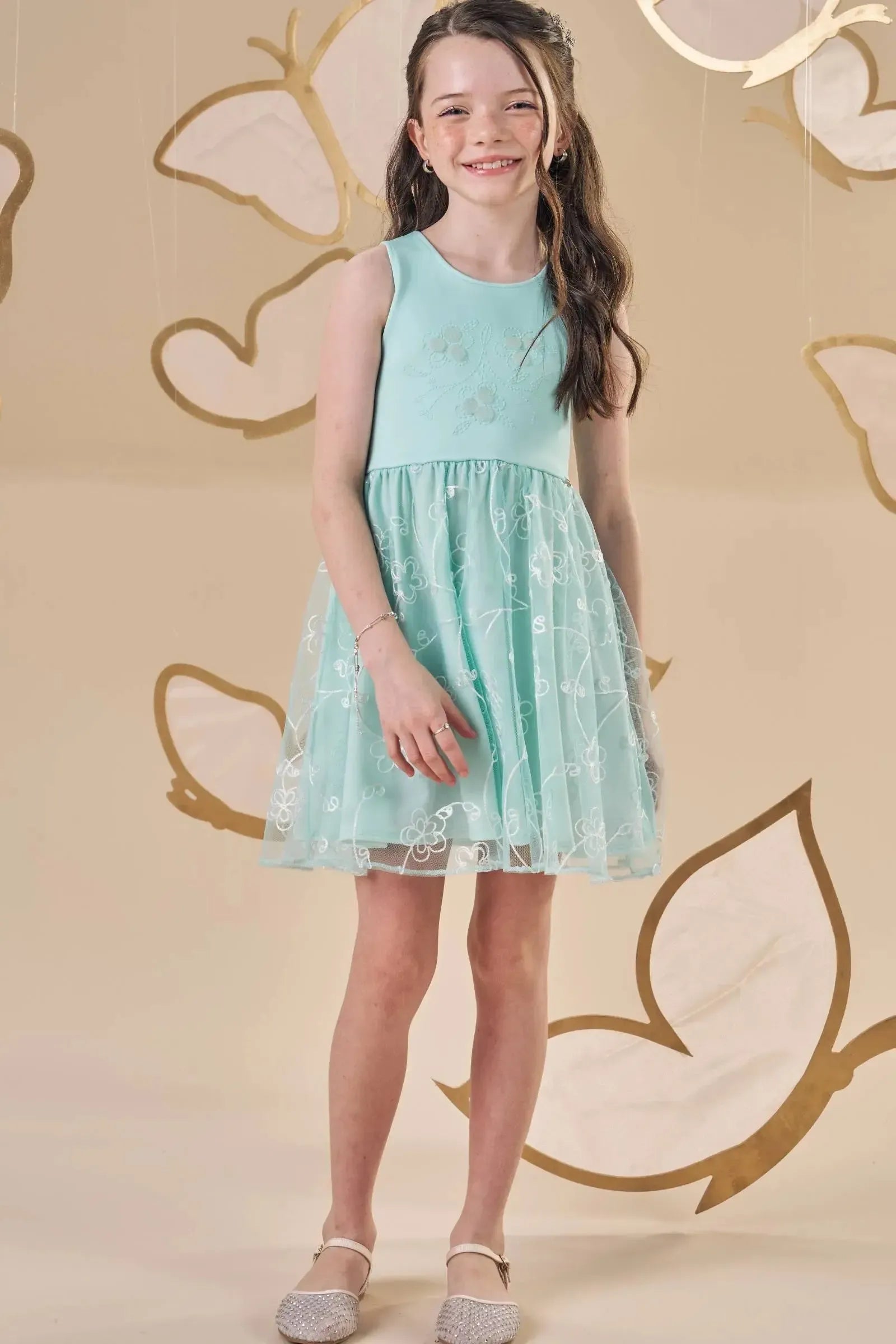 Vestido em Ribana Canelada e Tule Bordado 87209 Infanti Infantil Menina