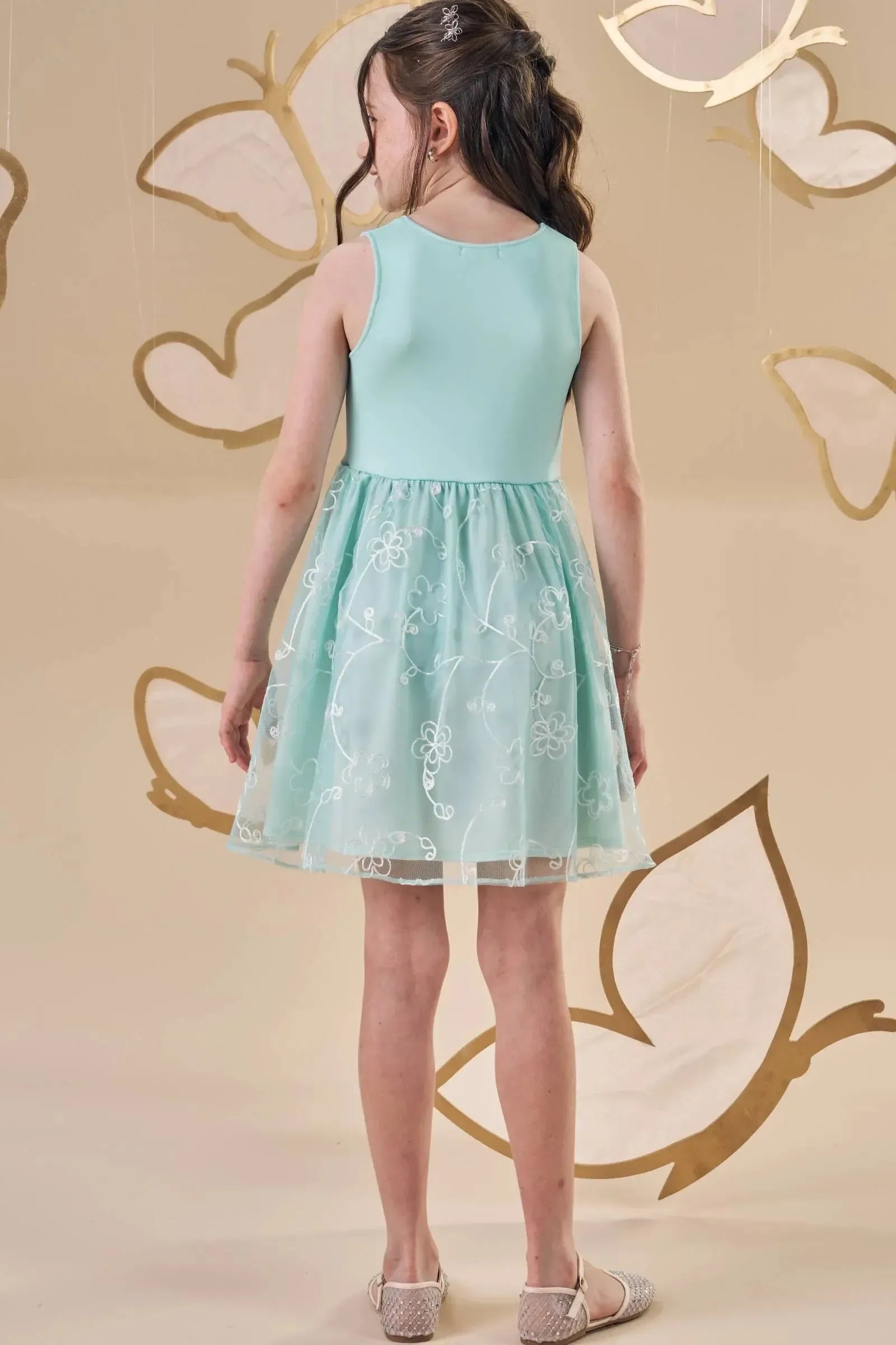 Vestido em Ribana Canelada e Tule Bordado 87209 Infanti Infantil Menina