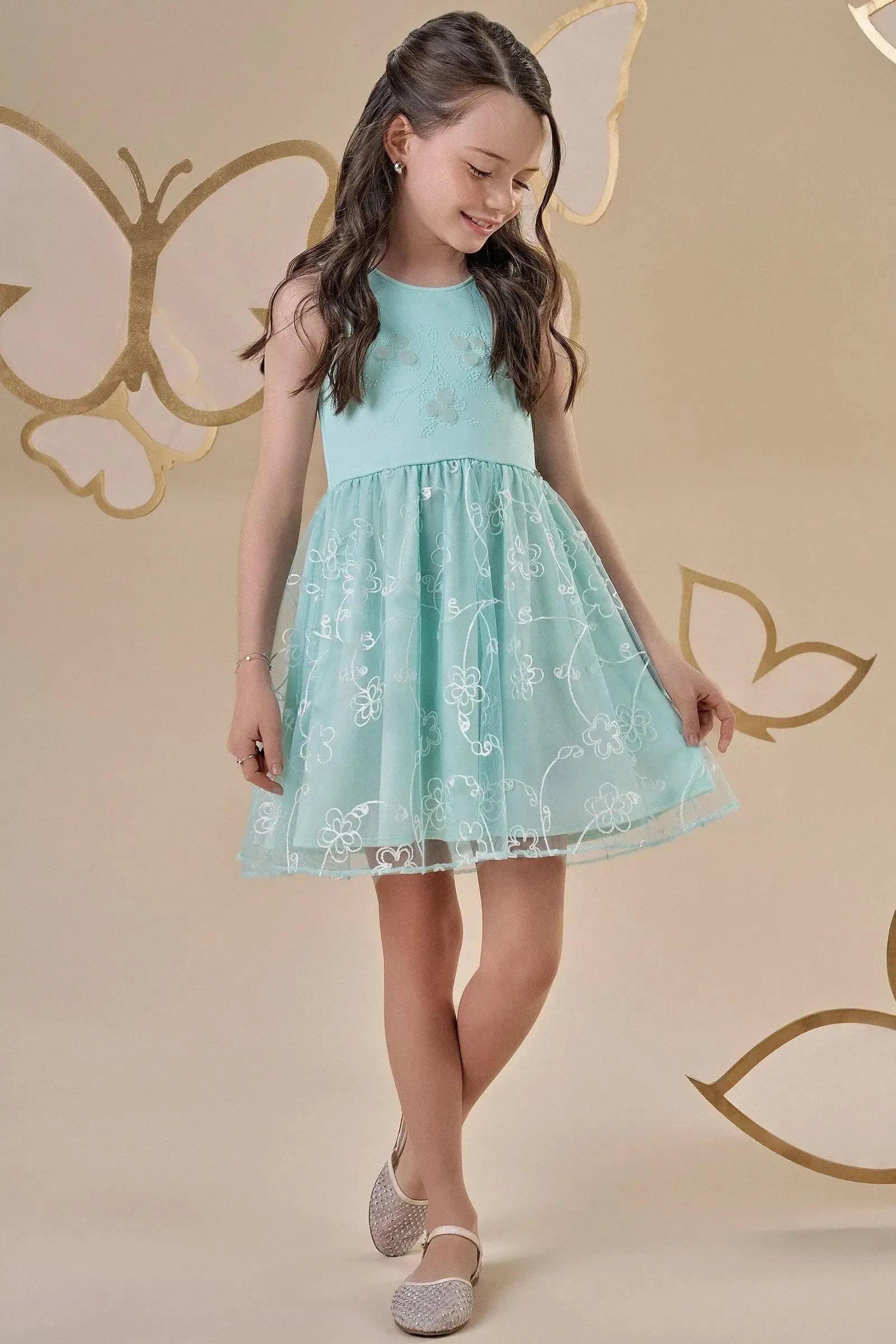 Vestido em Ribana Canelada e Tule Bordado 87209 Infanti Infantil Menina
