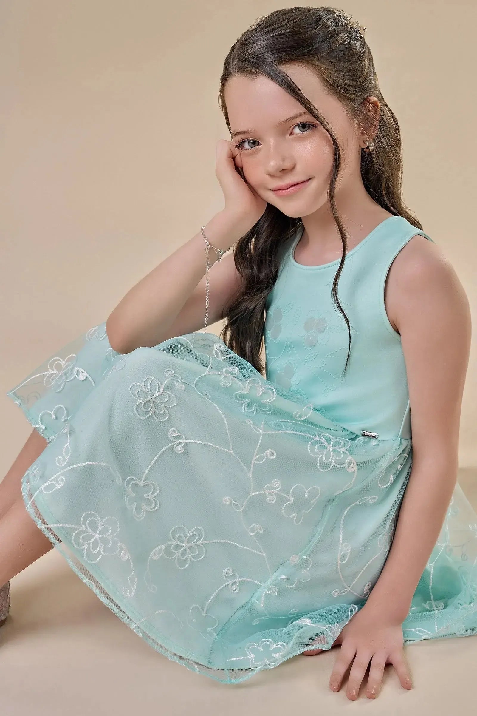 Vestido em Ribana Canelada e Tule Bordado 87209 Infanti Infantil Menina