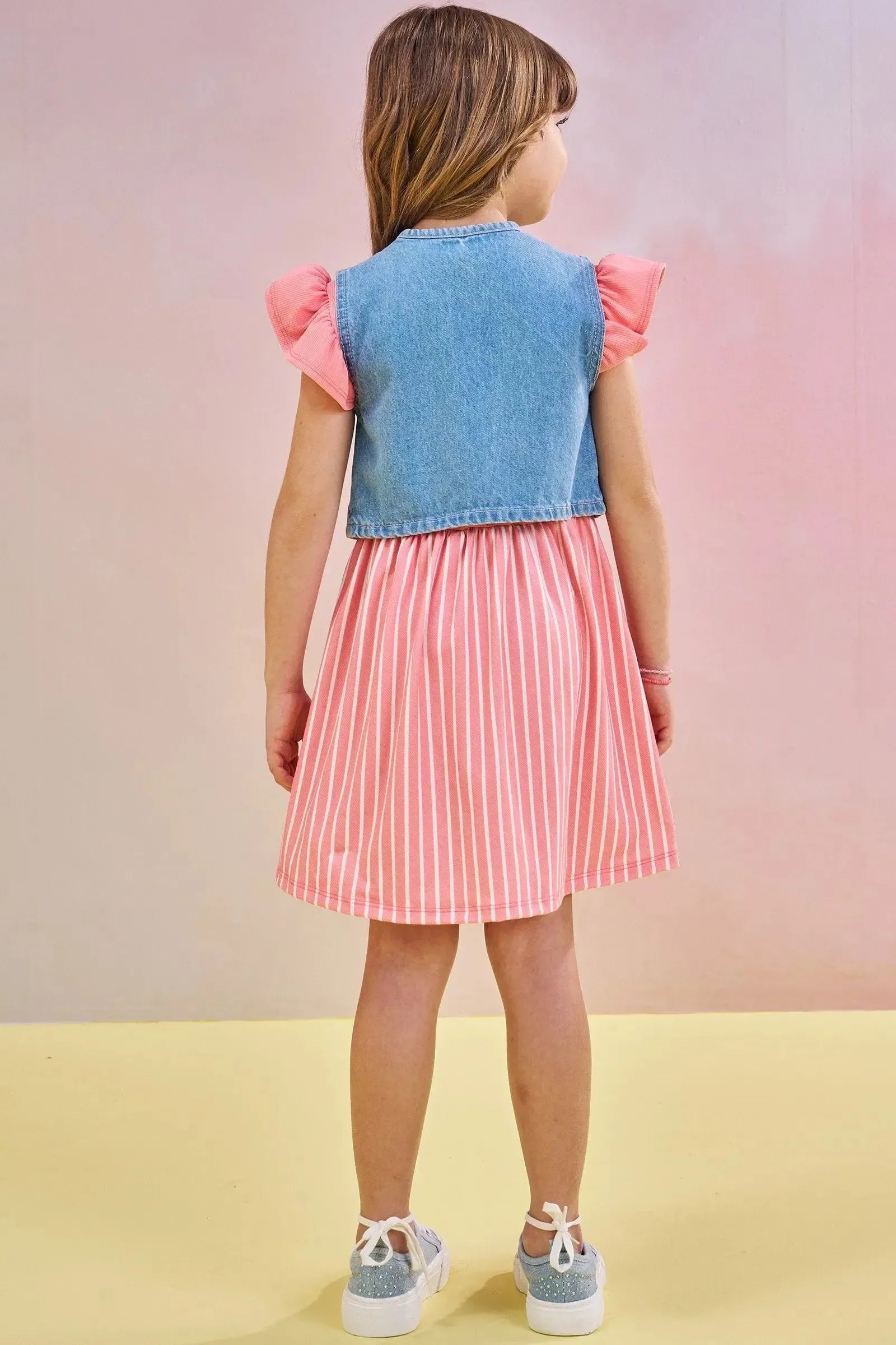 Vestido em Ribana Fancy e Malha Power e Colete em Jeans Arkansas 83528 Infanti Infantil Menina