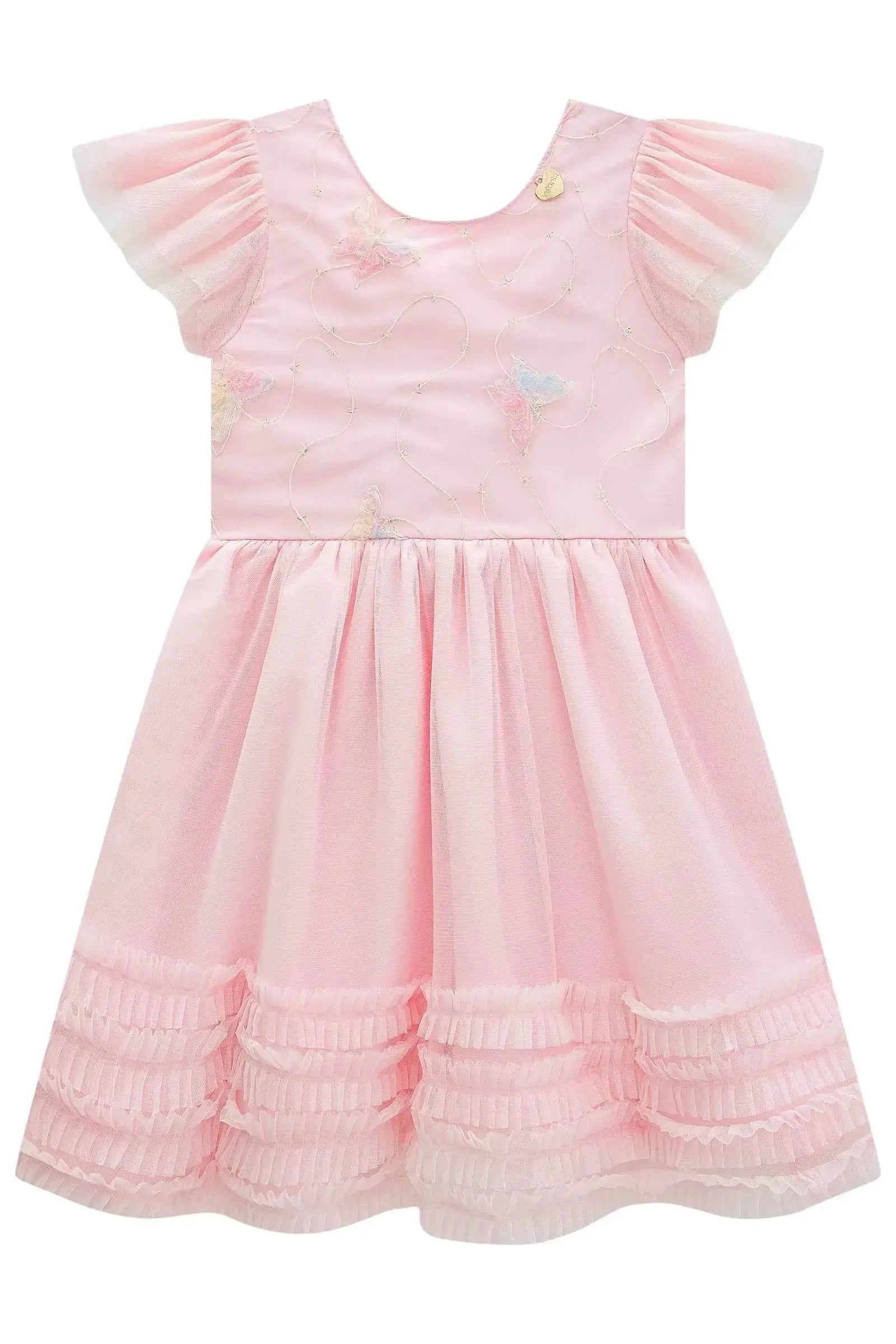 Vestido em Tule Bordado Borboleta e Tule com Elastano 99147 Infanti Infantil Menina