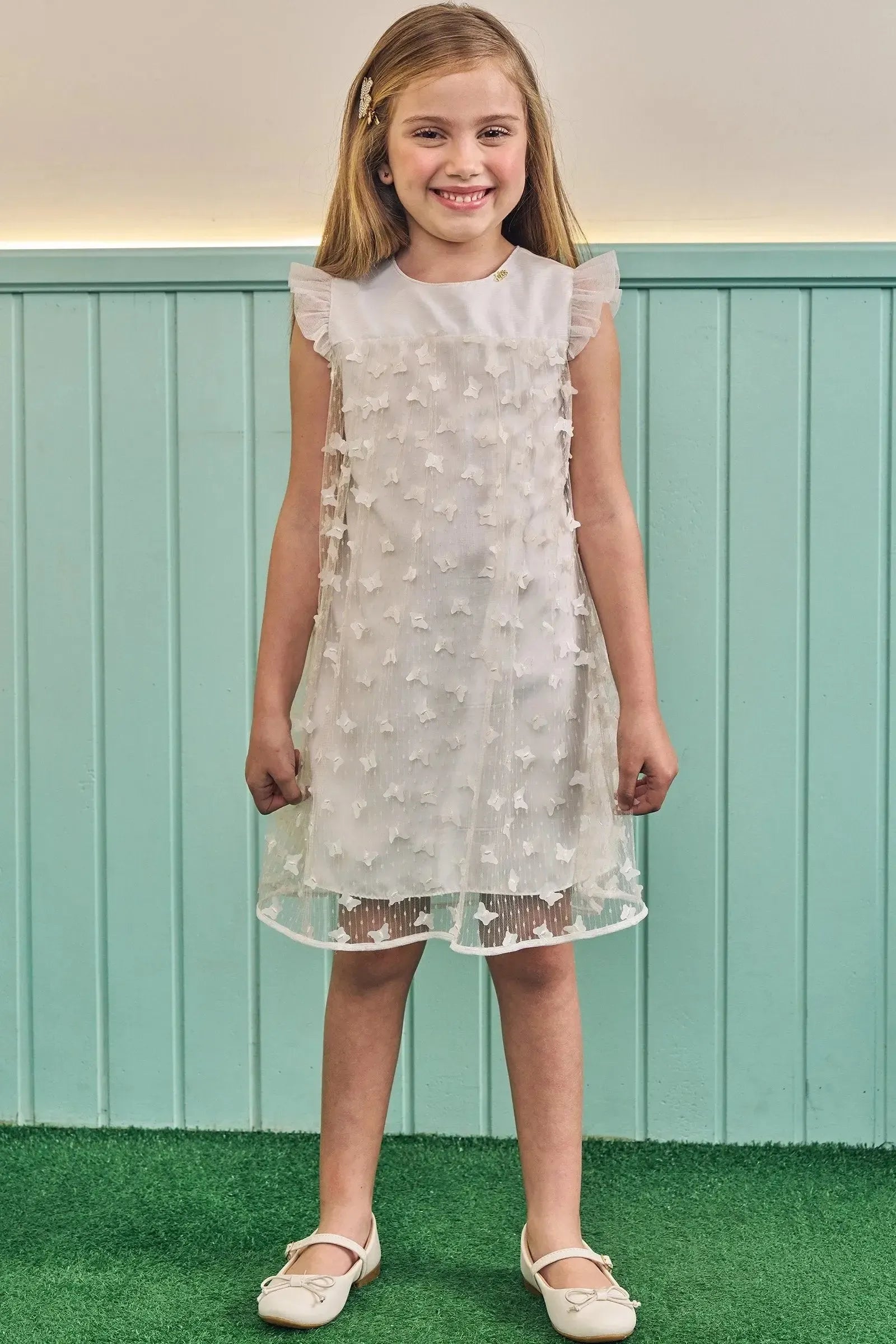 Vestido em Tule Bordado Borboletas 83751 Kukiê Infantil Menina