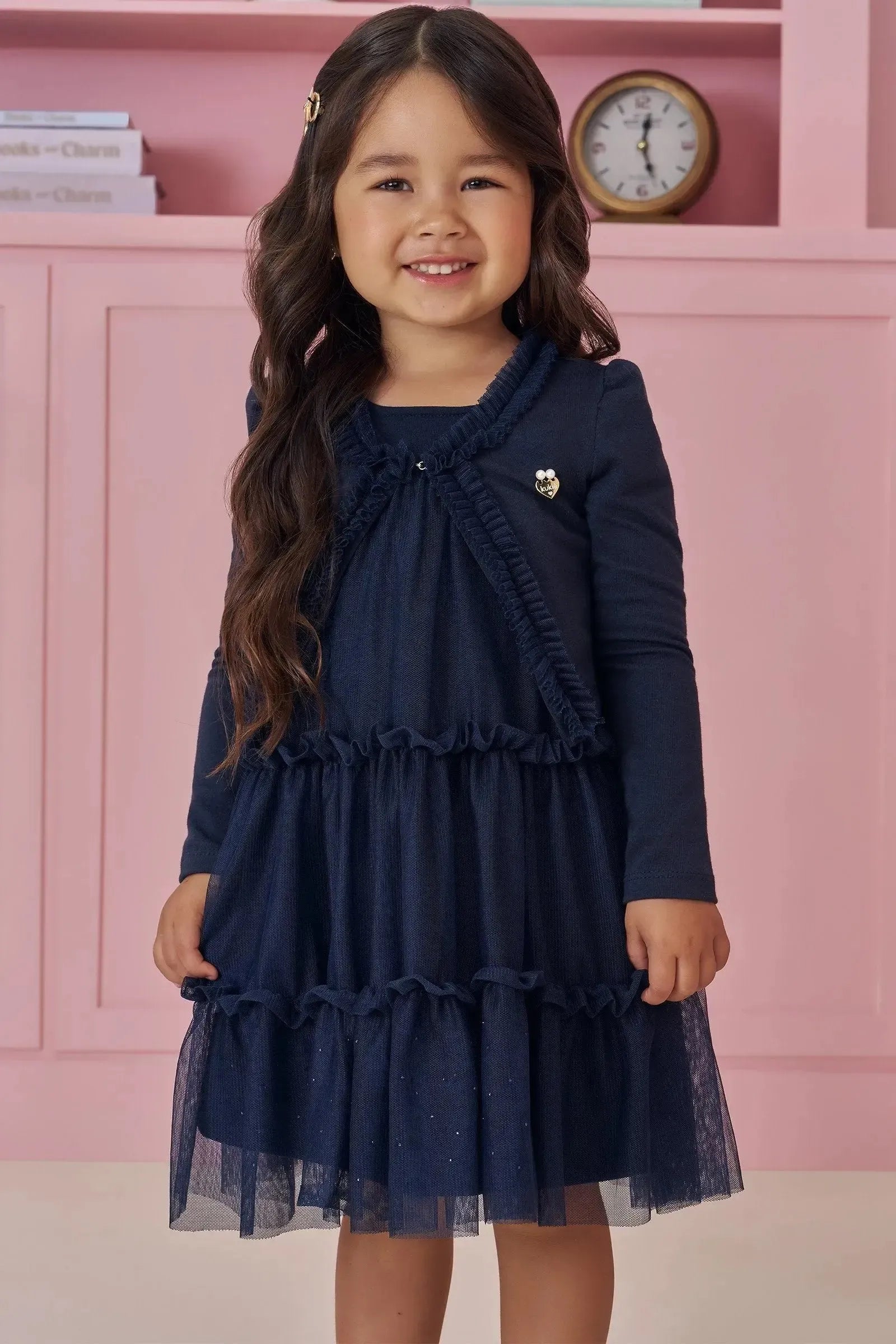 Vestido em Tule com Elastano e Casaqueto em Cotton 92132 Kukiê Bebê Menina