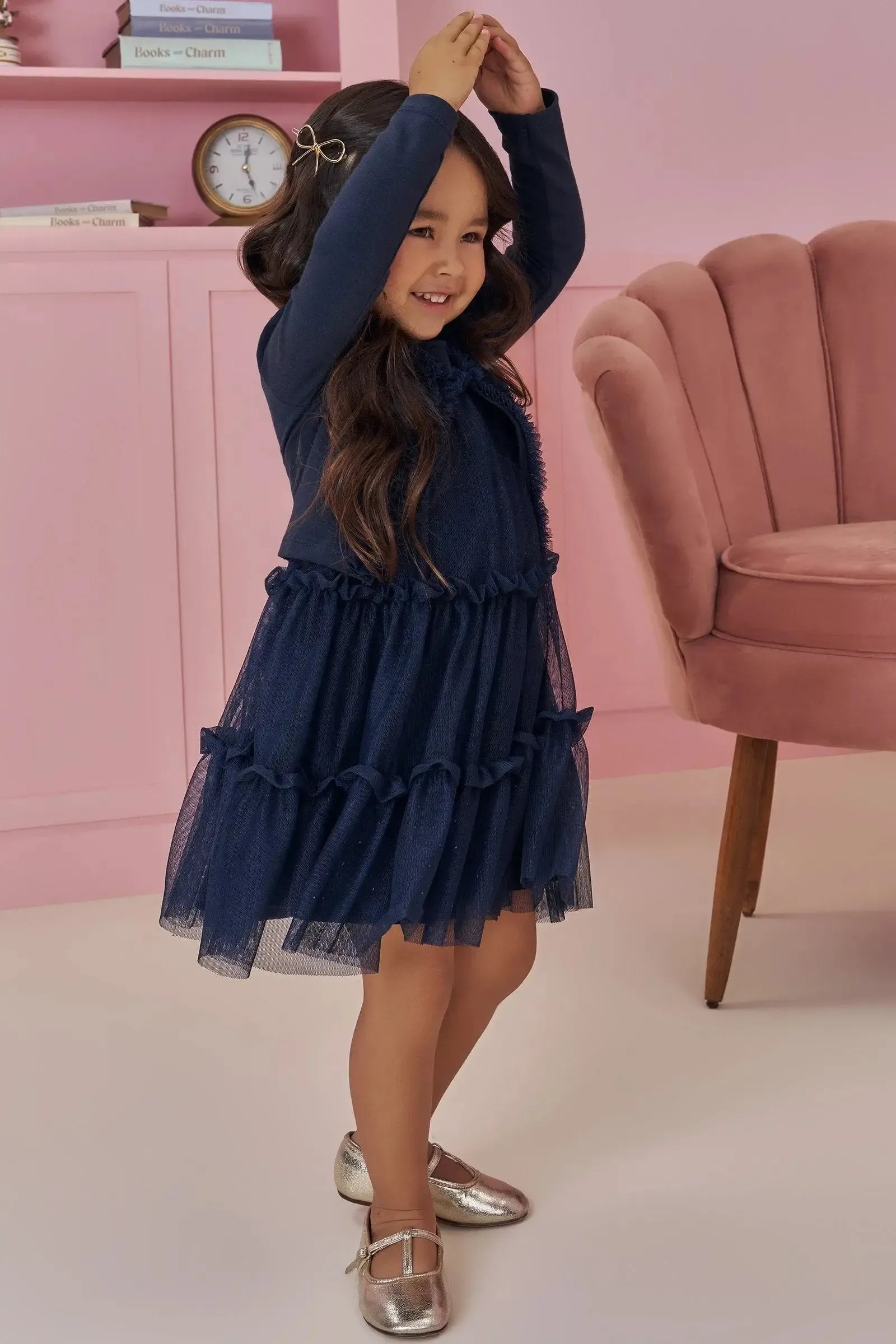 Vestido em Tule com Elastano e Casaqueto em Cotton 92132 Kukiê Bebê Menina
