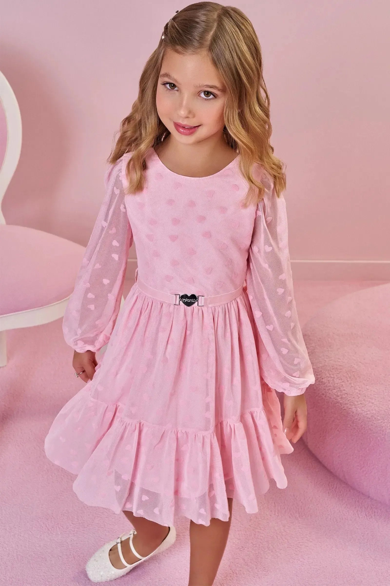 Vestido em Tule Flocking Coração 89446 Infanti Infantil Menina