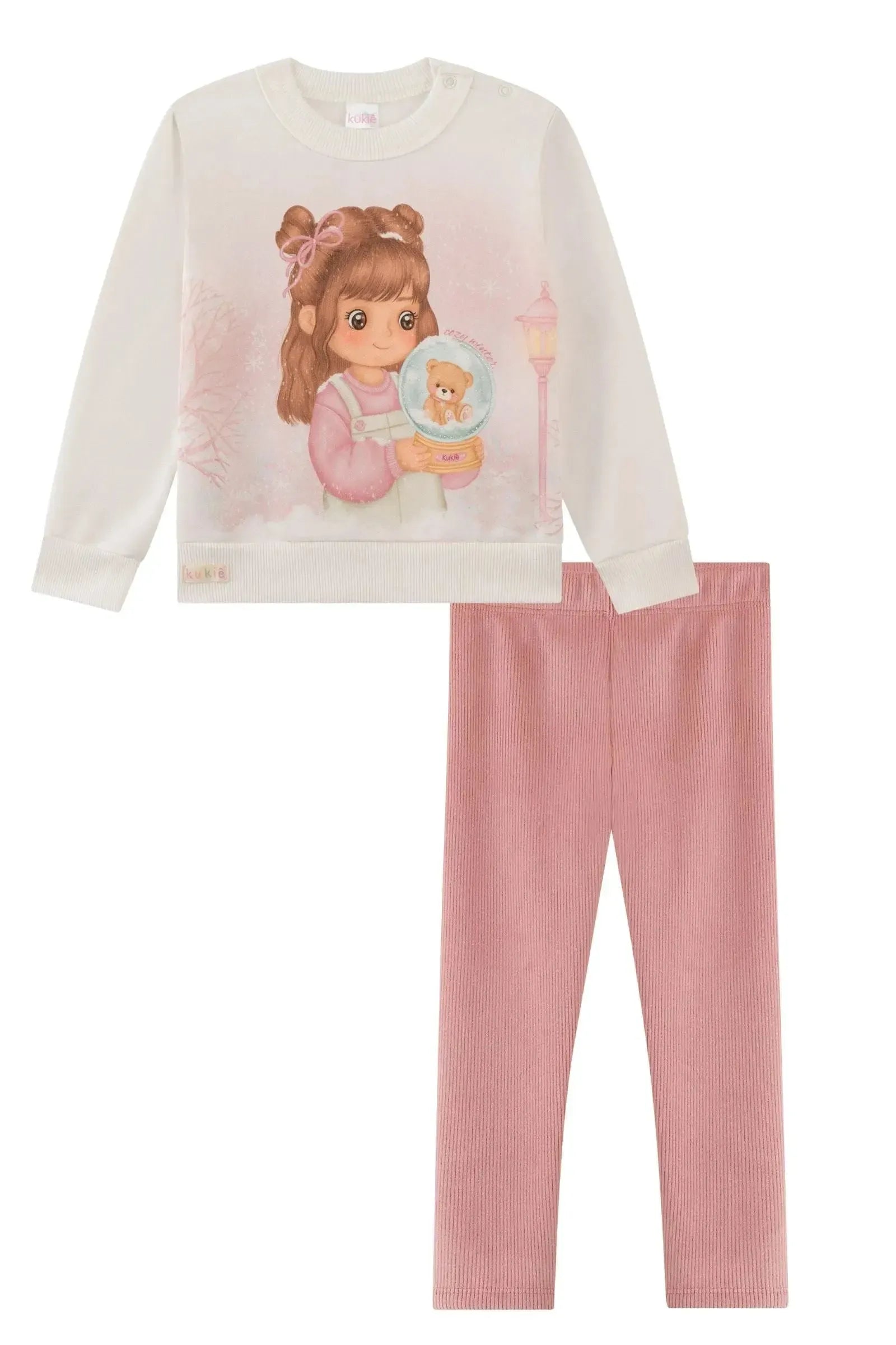 Conjunto de Blusão em Moletom com Pelúcia e Calça Legging em Fleece Cotelê com Elastano 92215 Kukiê Bebê Menina