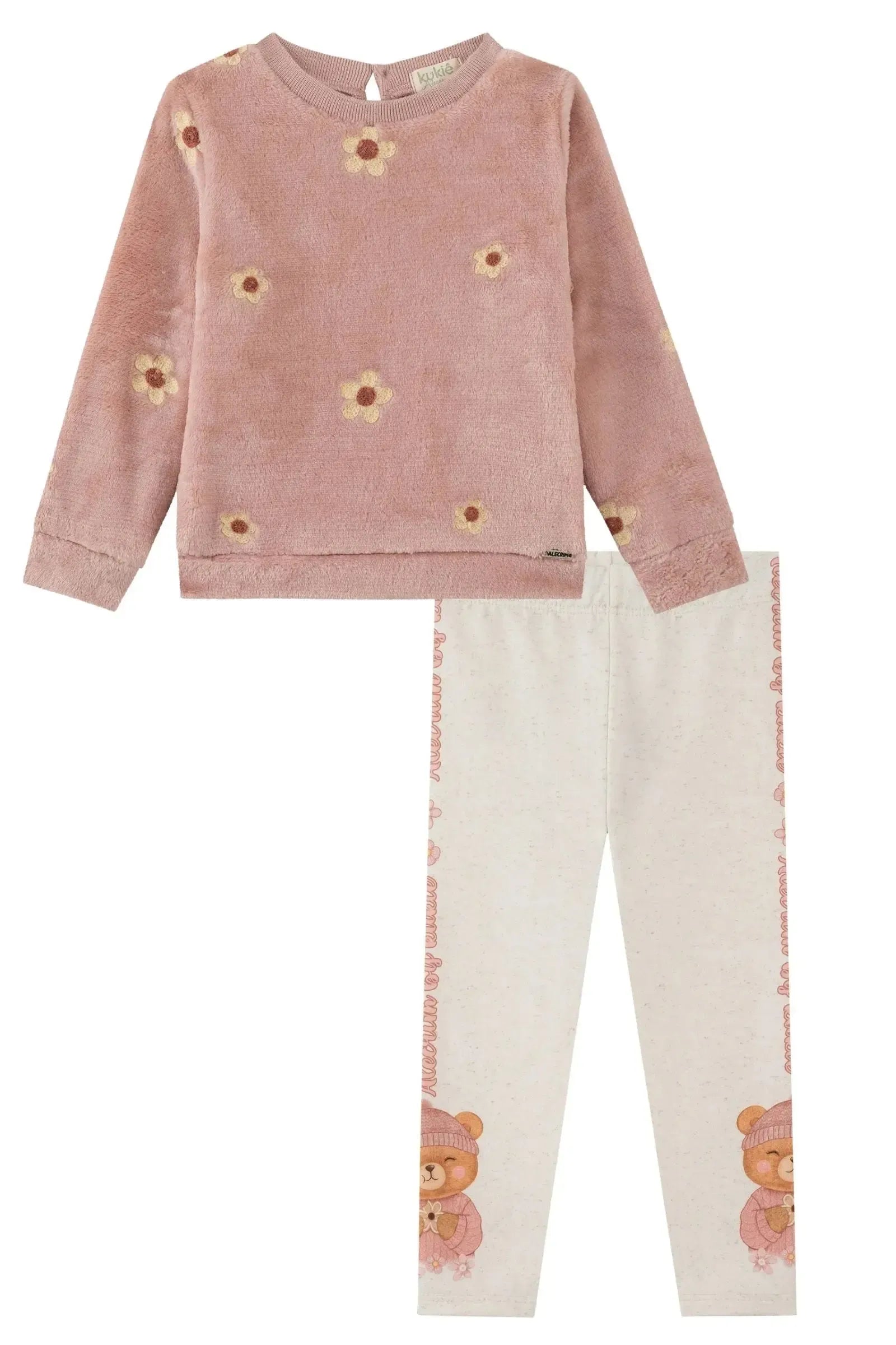 Conjunto de Blusão em Pêlo Bordado e Calça Legging em Termoskin Peluciado 92421 Kukiê Bebê Menina
