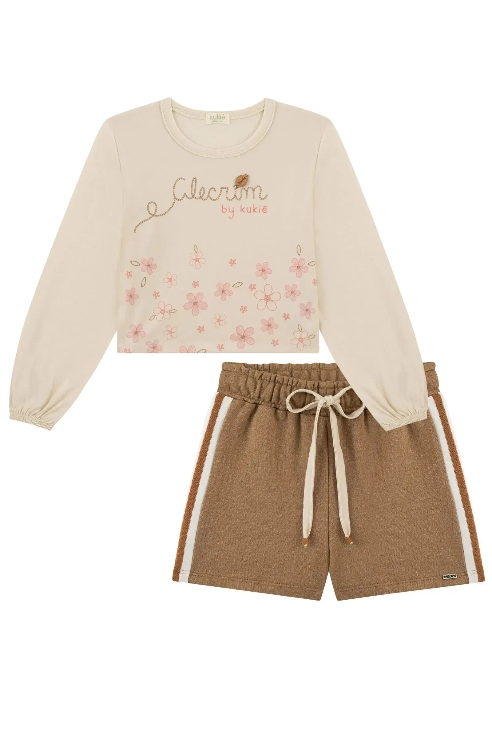Conjunto de Blusa Boxy Over em Meia Malha e Shorts em Moletom Rajado sem Pelúcia 89592 Kukiê Infantil Menina
