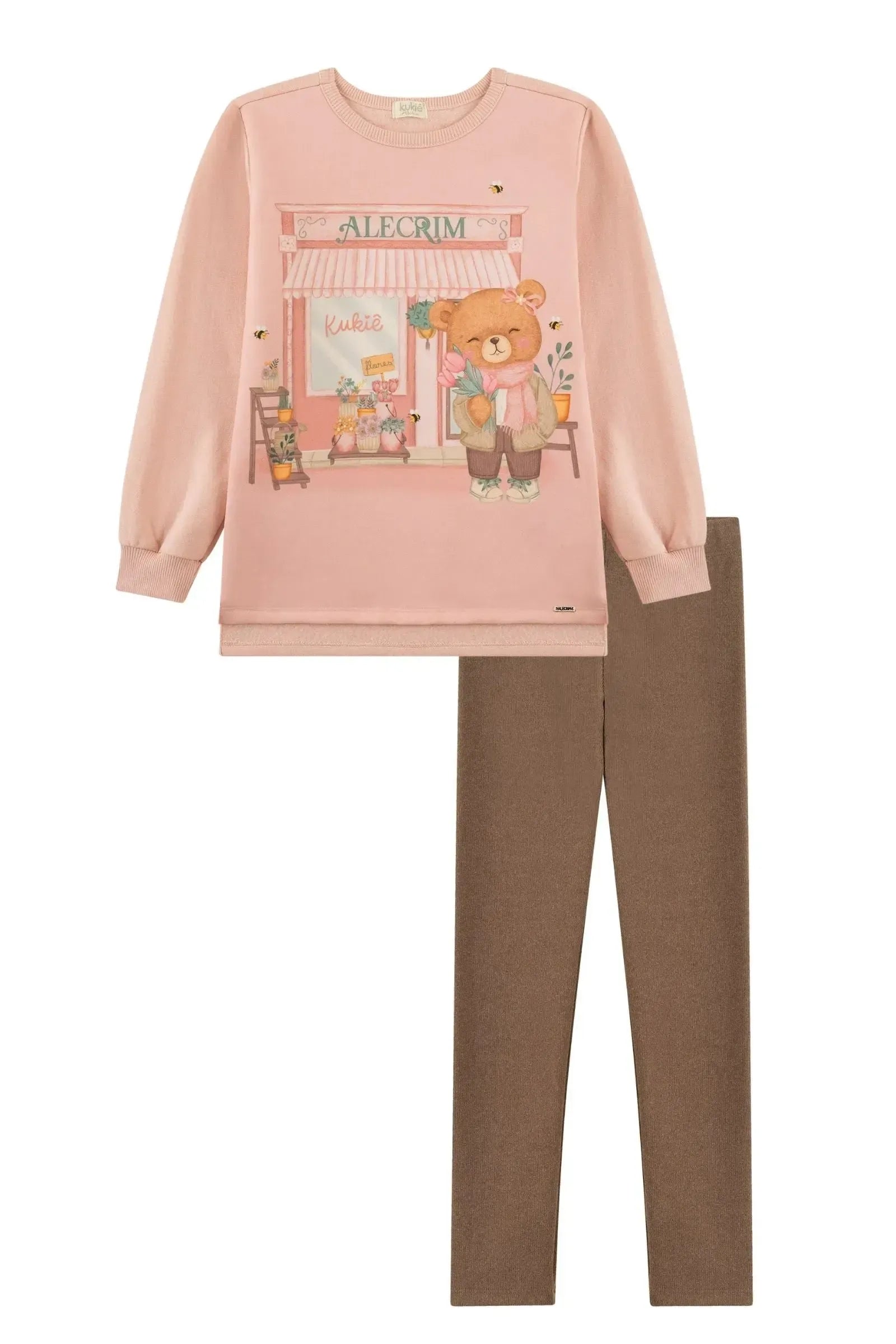 Conjunto de Blusão Alongado em Moletom com Pelúcia e Calça Legging em Canelado Comfy 89561 Kukiê Infantil Menina