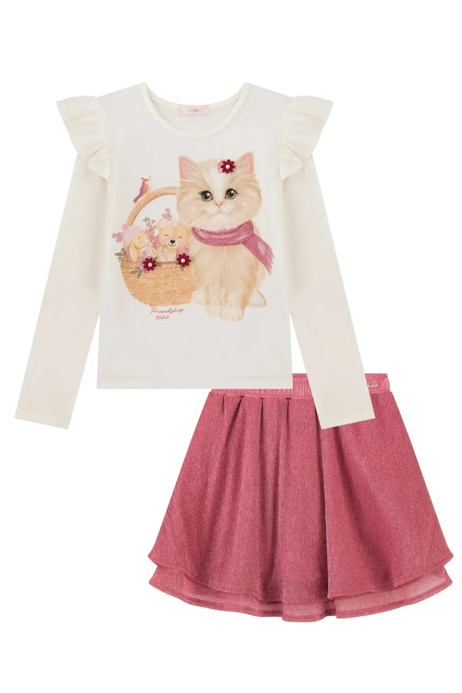 Conjunto de Blusa em Cotton e Saia em Malha Plissada Acetinada (com Shorts Embutido) 93191 Kukiê Infantil Menina