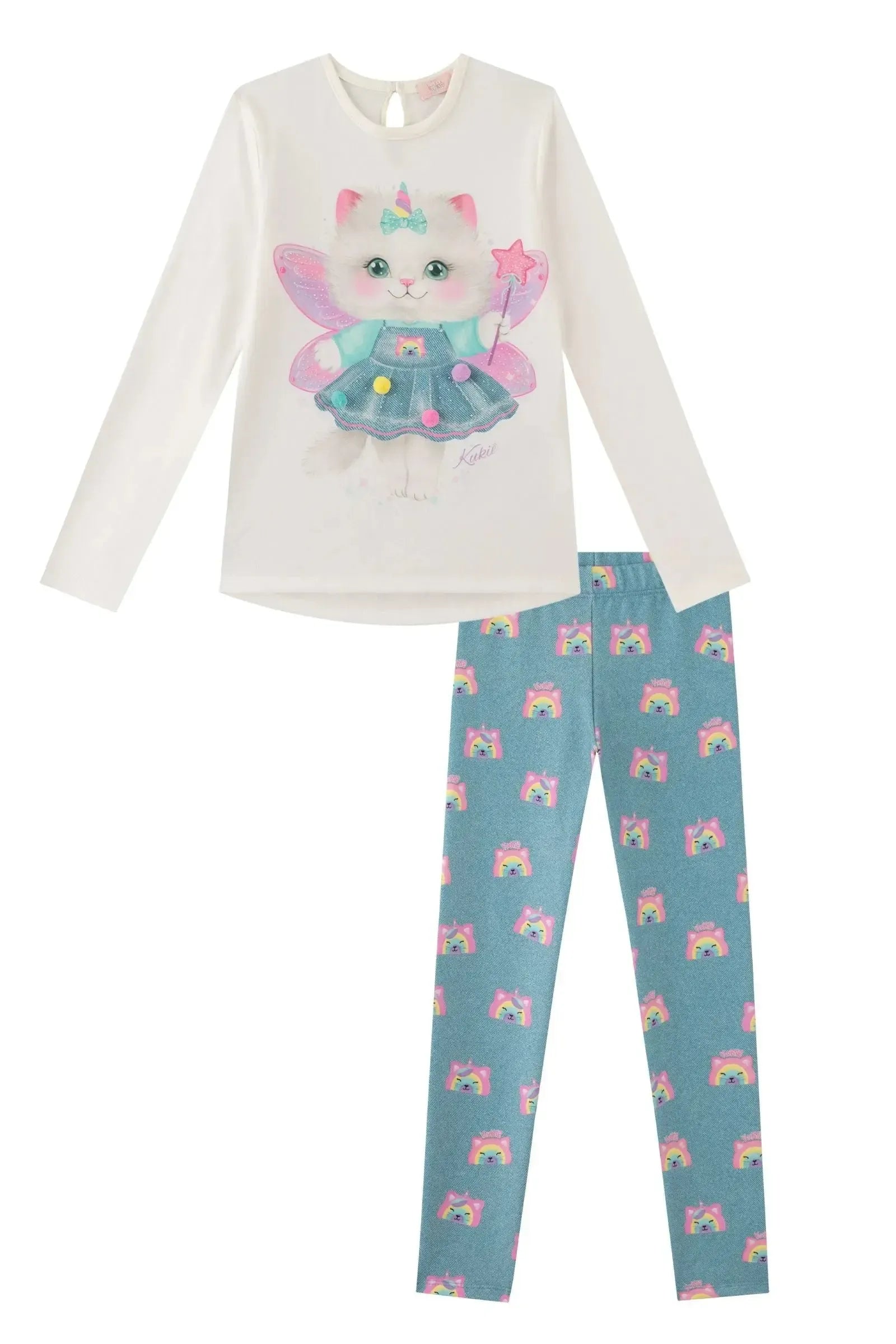 Conjunto de Blusa Alongada em Cotton e Calça Legging em Molecotton 90164 Kukiê Infantil Menina