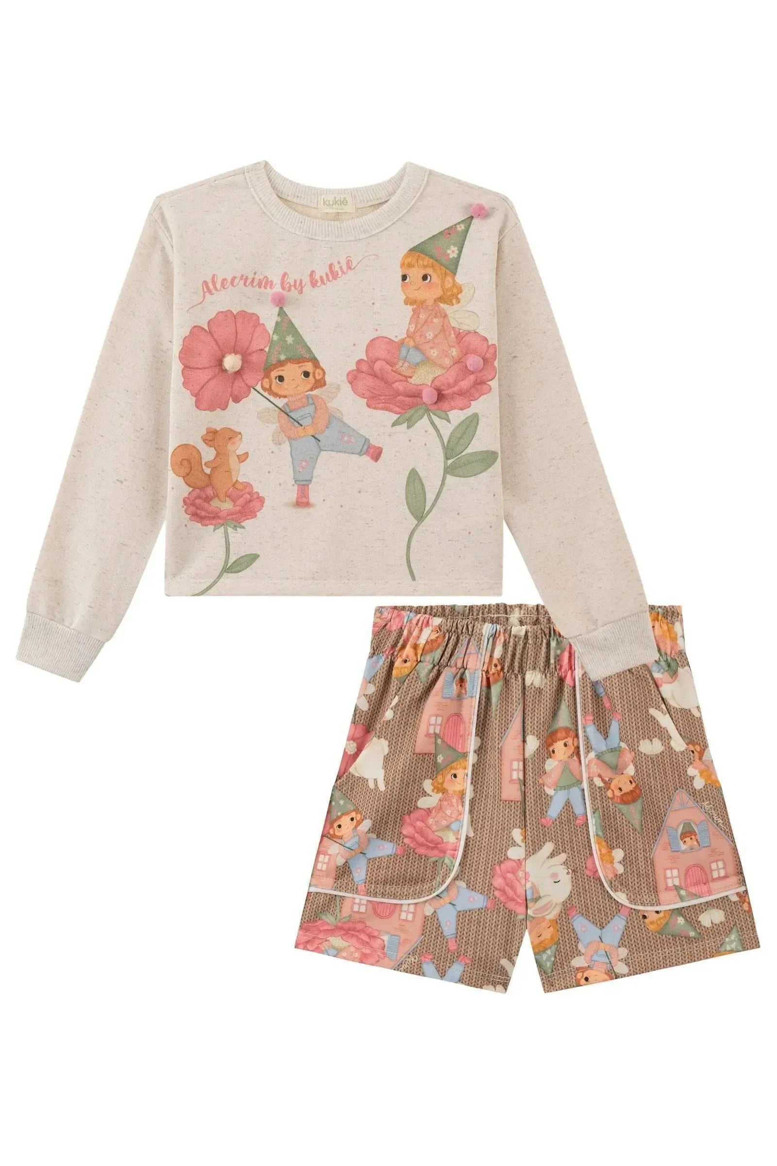 Conjunto de Blusão Boxy em Moletom Linho sem Pelúcia e Shorts em Molecotton 90273 Kukiê Infantil Menina