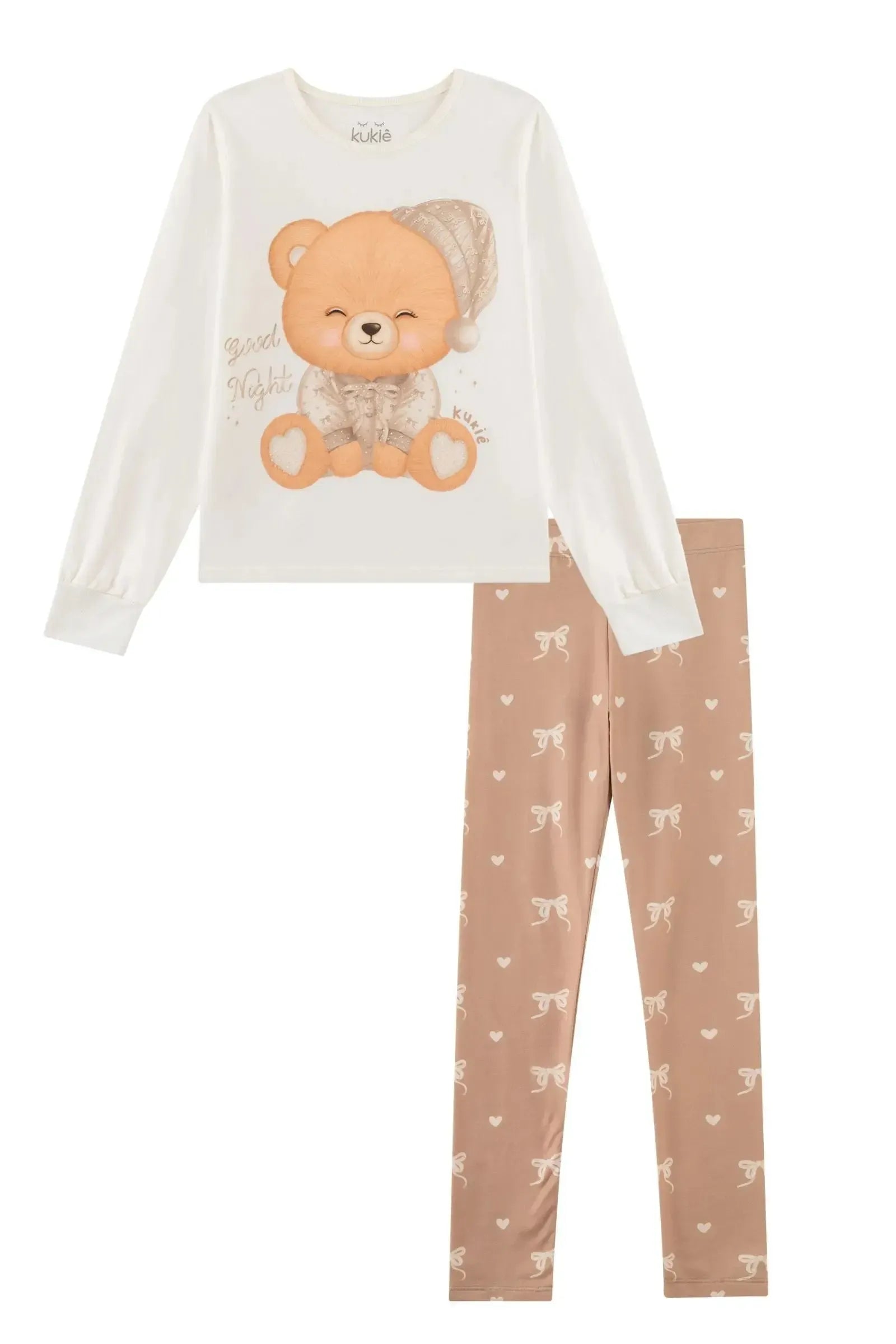 Conjunto de Pijama de Blusa em Meia Malha e Calça em Malha Comfy 92507 Kukiê Infantil Menina