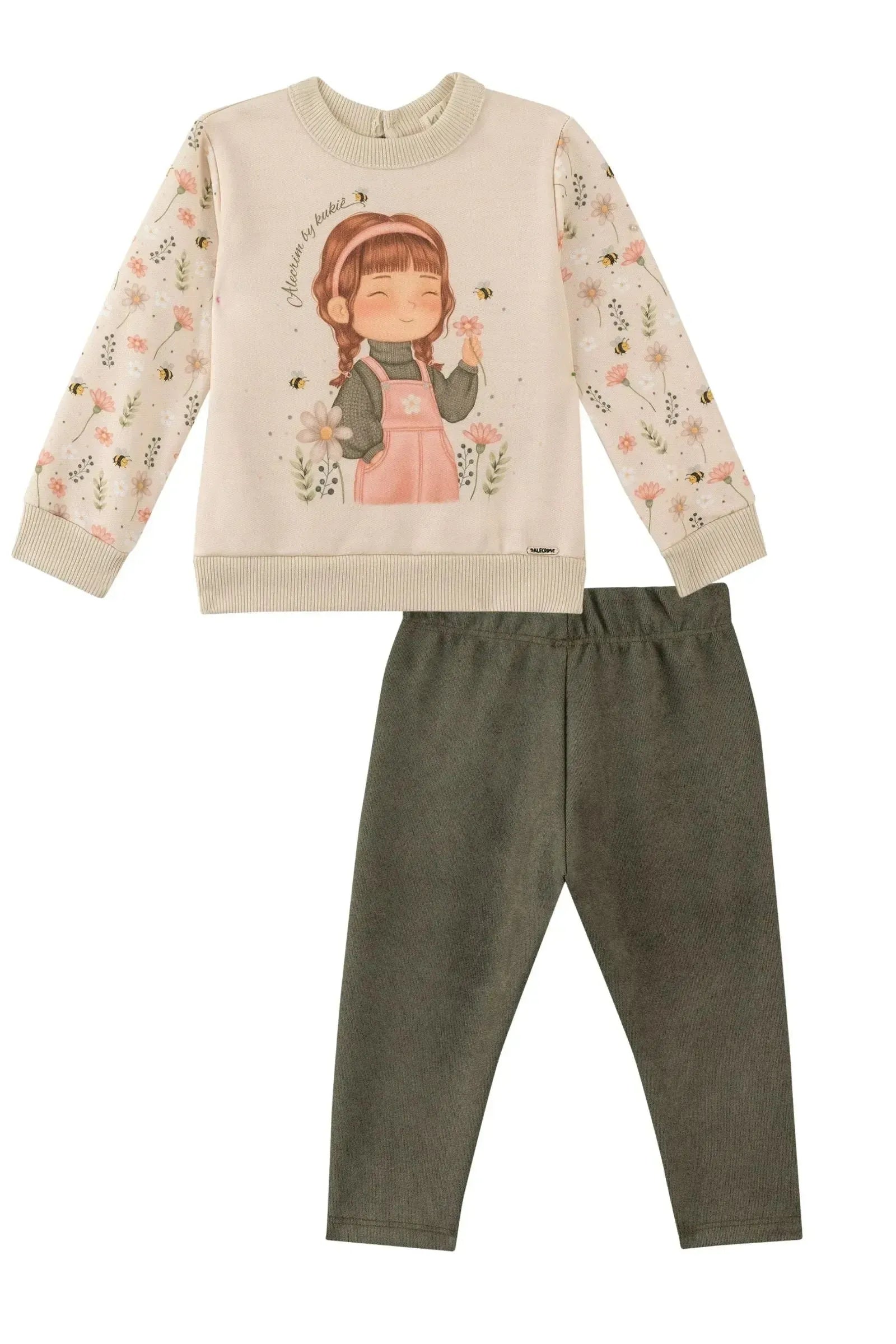 Conjunto de Blusão em Moletom com Pelúcia e Calça Legging em Cotelê Suede 90292 Kukiê Bebê Menina