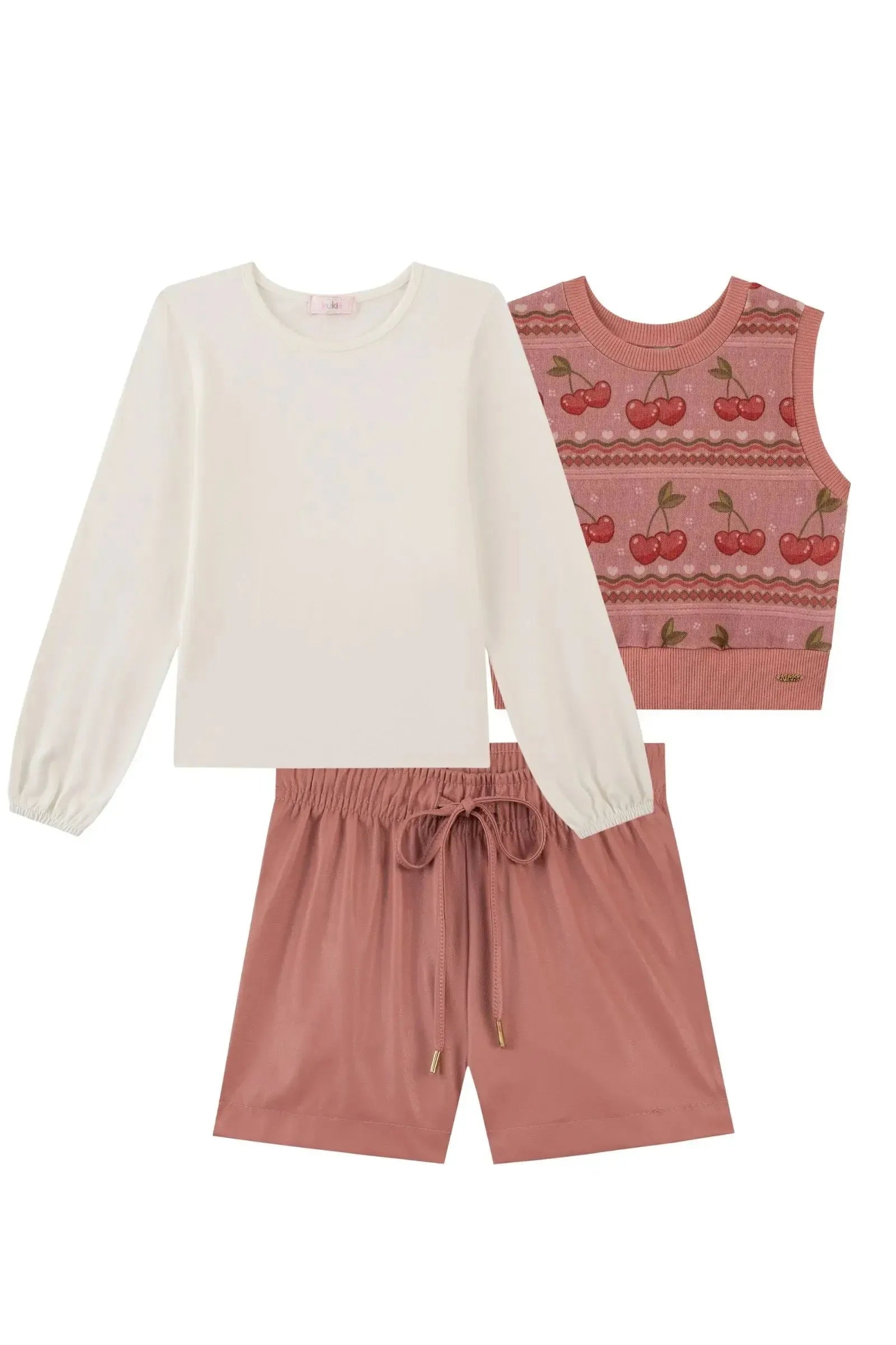 Trio de Blusa em Cotton Shorts em Couro Eco e Colete em Molecotton 92644 Kukiê Infantil Menina